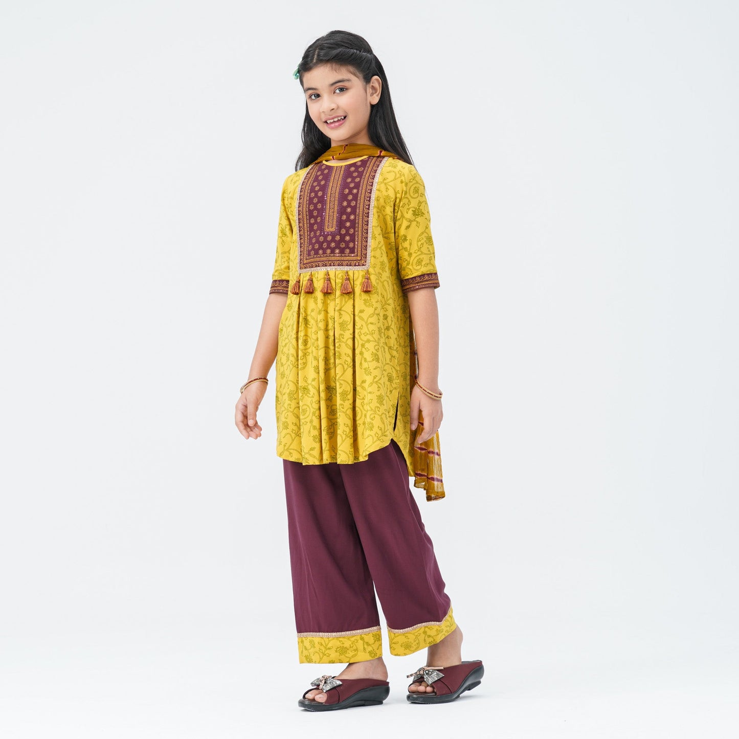 Girl's Mustard & Maroon Floral Three Piece Set
