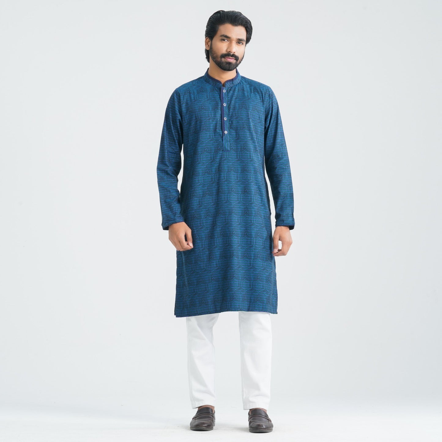 Men's Blue Cotton Blended Panjabi