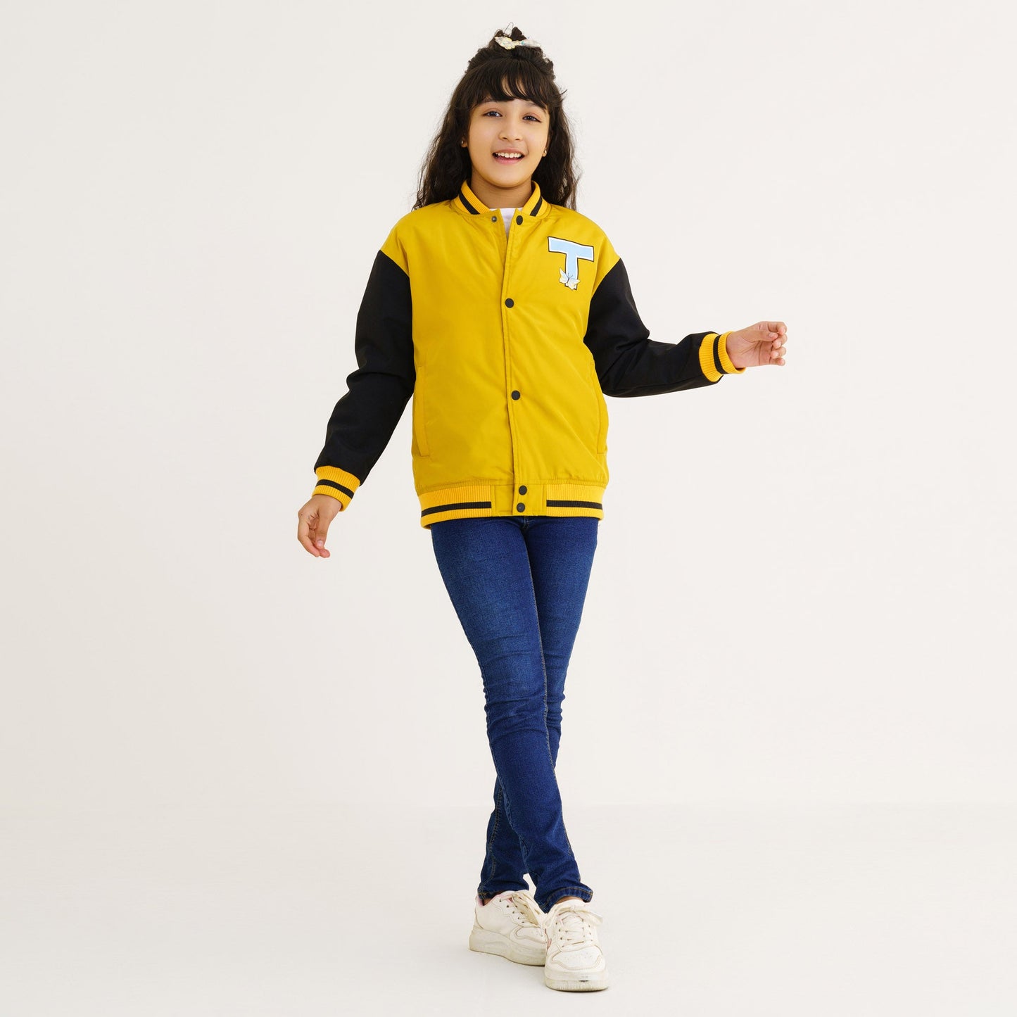 Girl's Mustard Printed Bomber