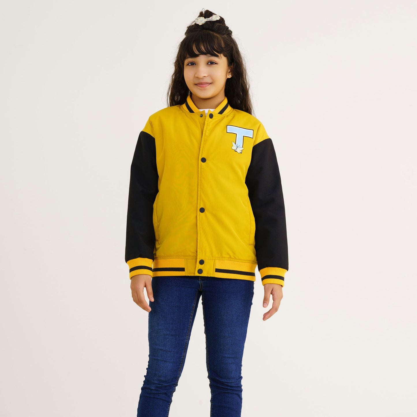 Girl's Mustard Printed Bomber