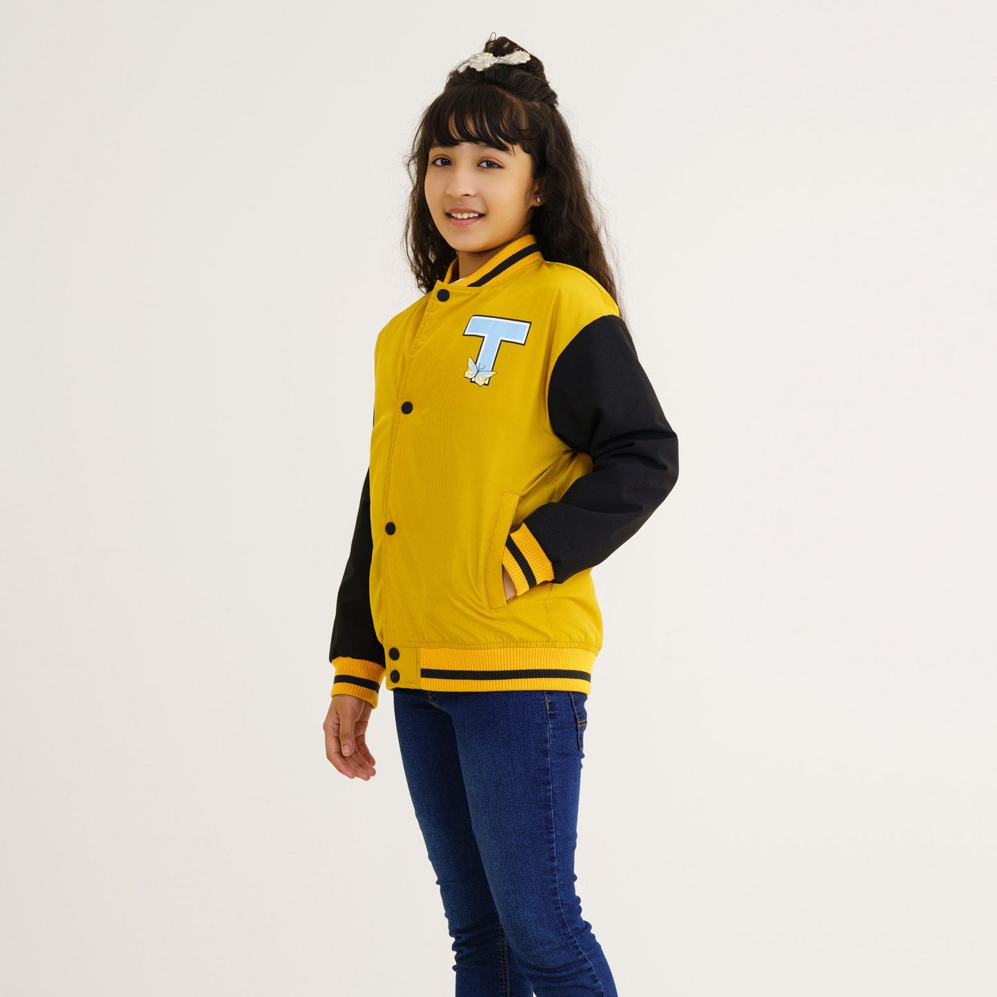 Girl's Mustard Printed Bomber