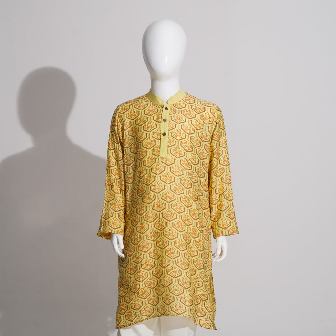 Boys Yellow Screen-Printed Panjabi