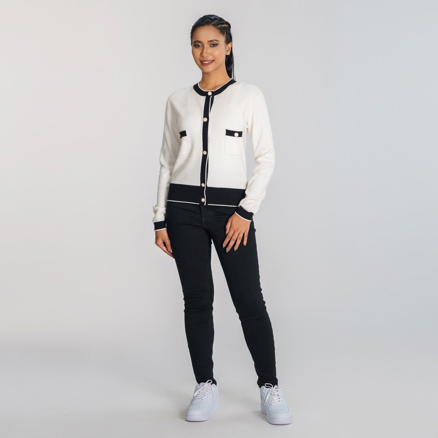 LADIES CARDIGAN-WHITE/BLACK