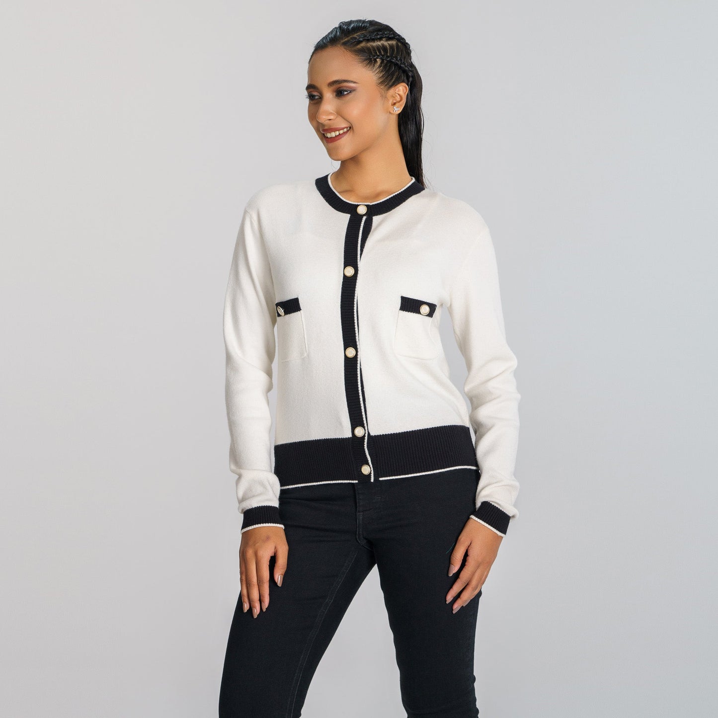 LADIES CARDIGAN-WHITE/BLACK