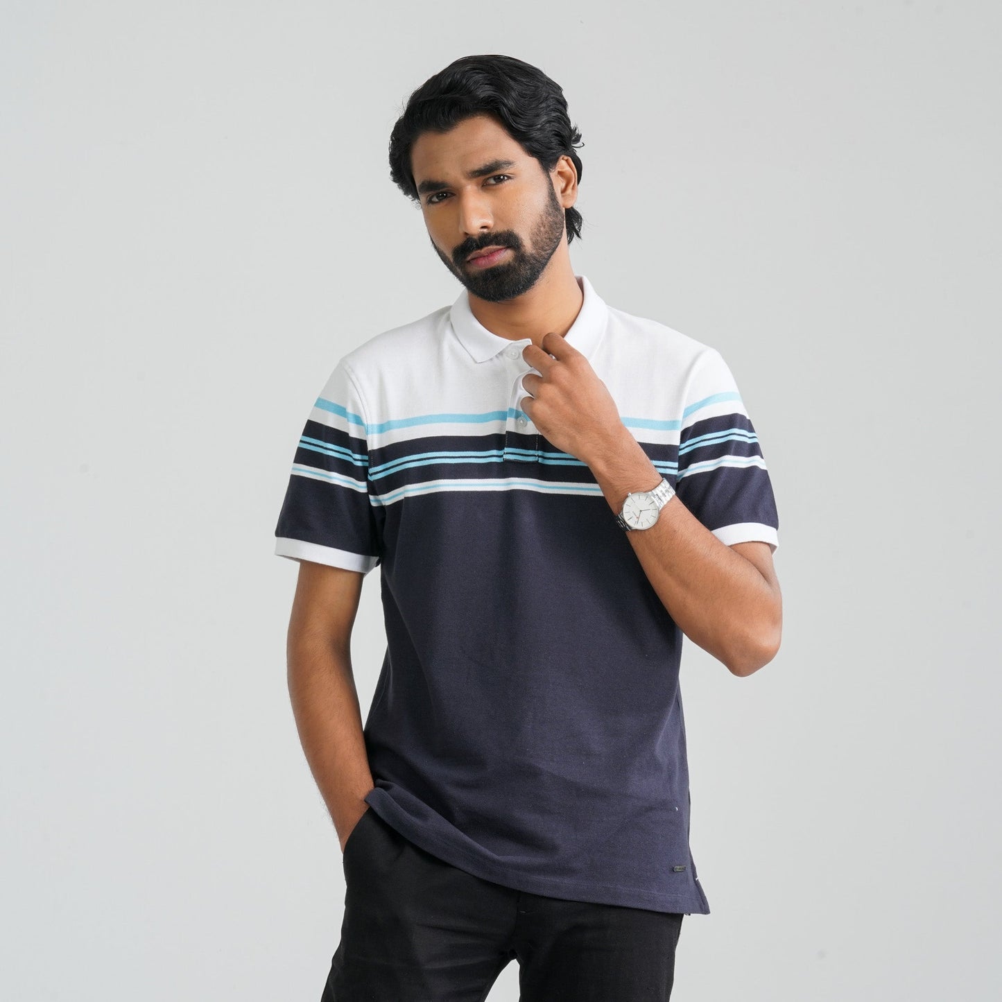 Men Navy & White Cotton Polo