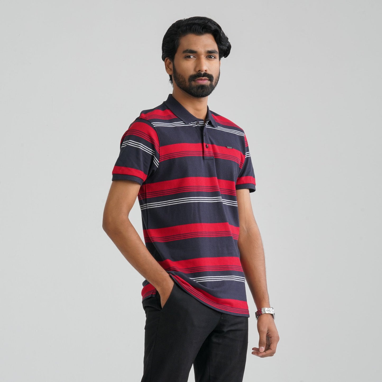 Men Navy & Red Cotton Polo
