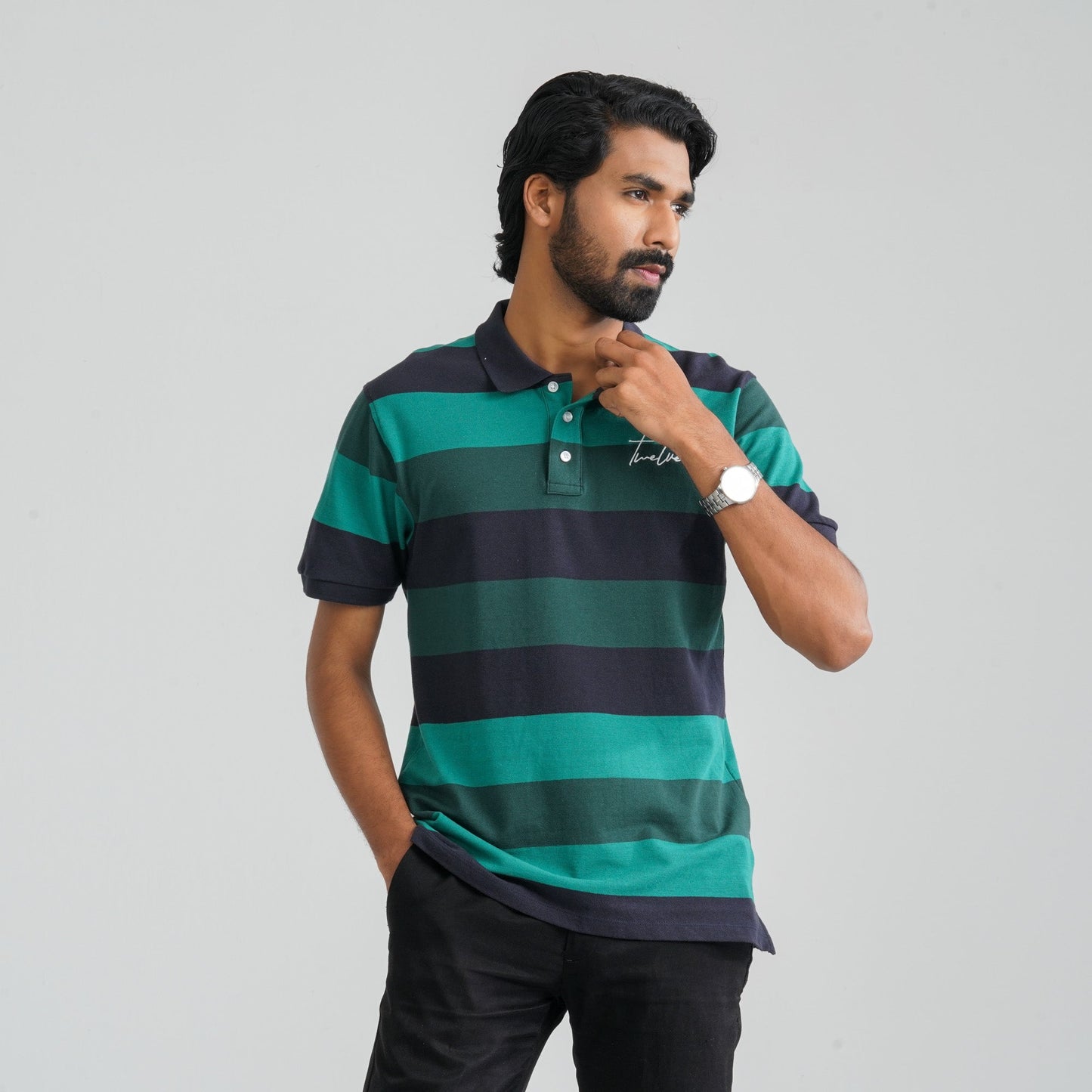 Men Navy & Green Cotton Polo