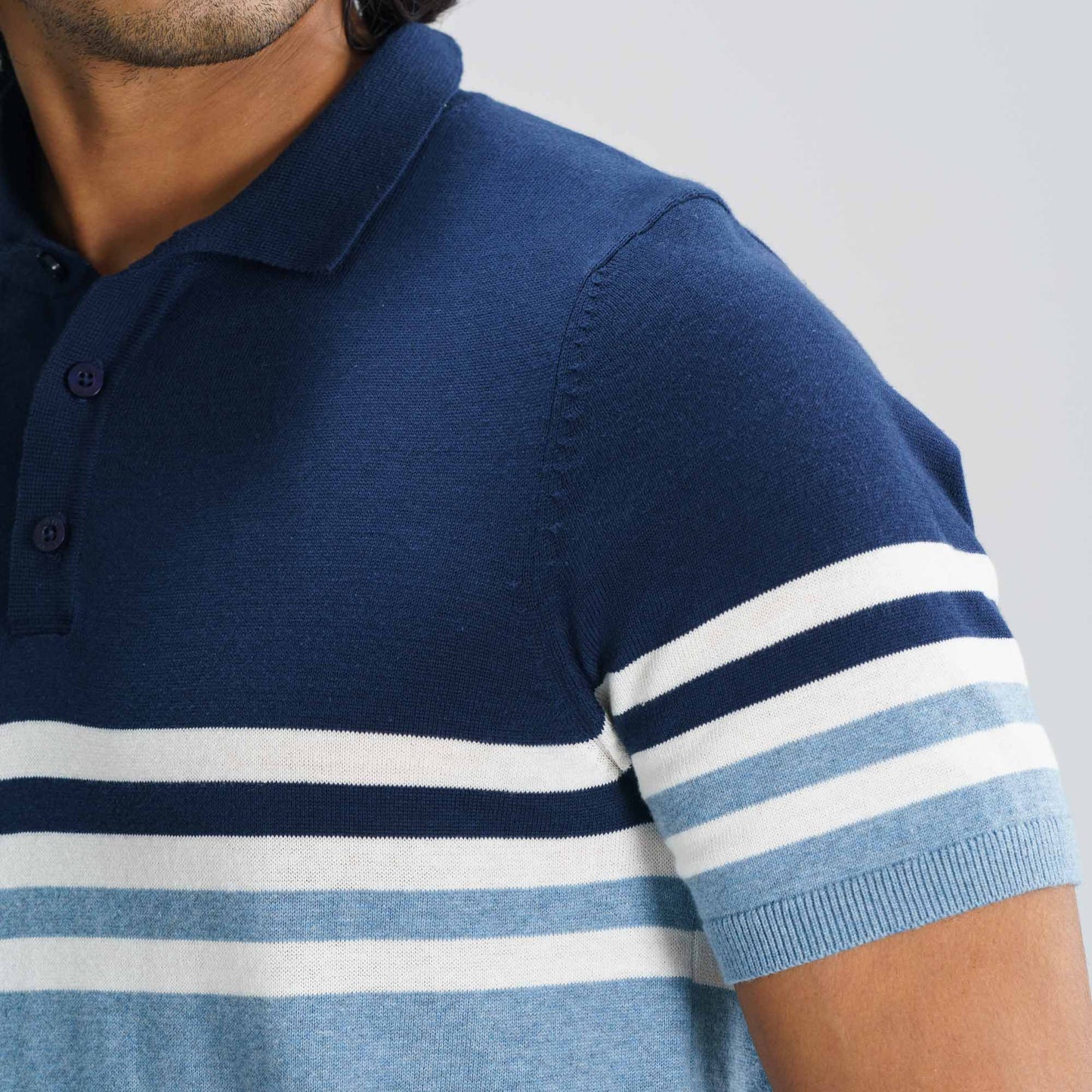Mens Navy & Light Blue Striped Polo Sweater
