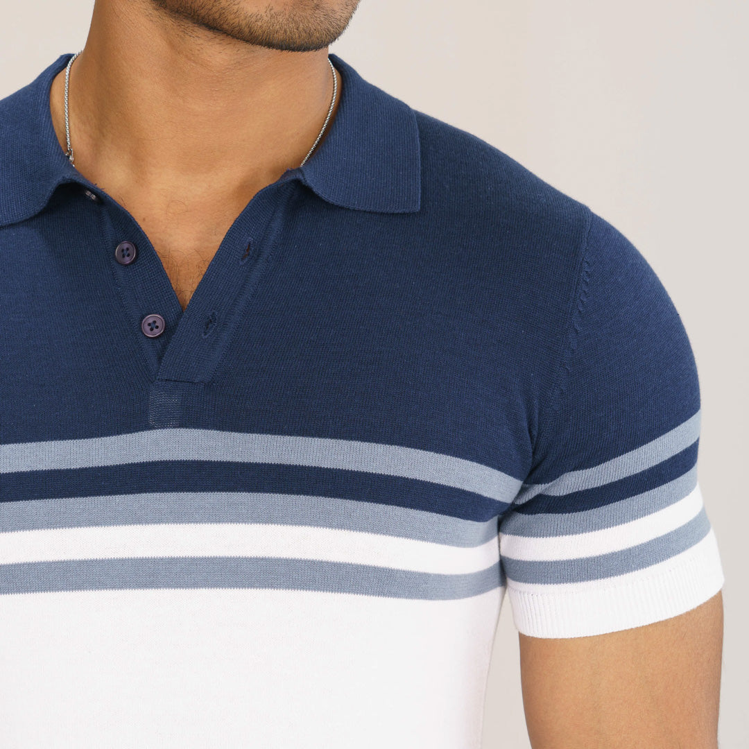 Mens Beige & White Striped Polo Sweater