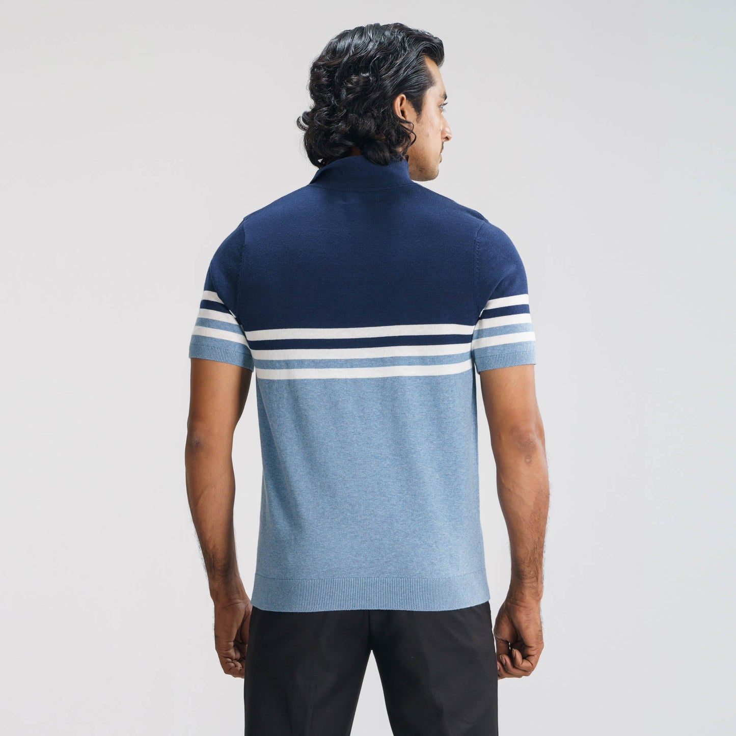 Mens Navy & Light Blue Striped Polo Sweater