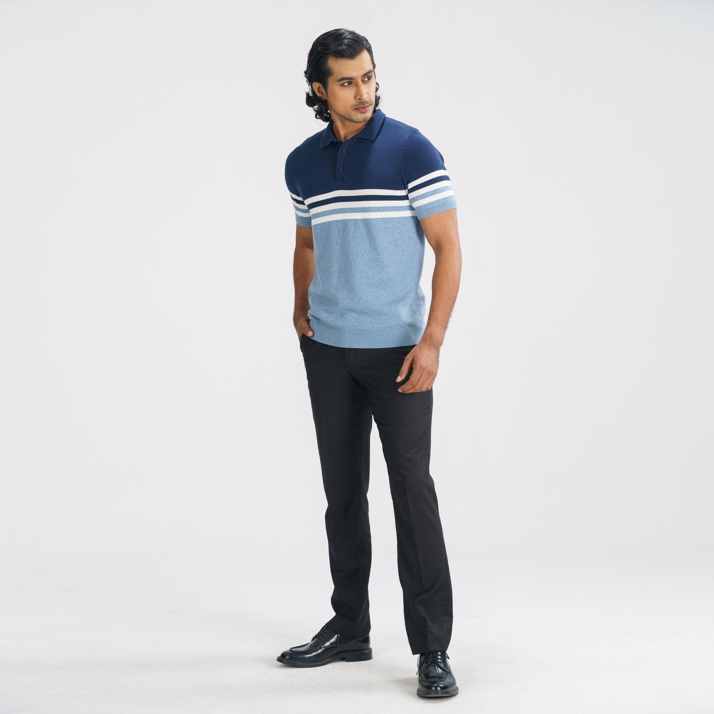 Mens Navy & Light Blue Striped Polo Sweater