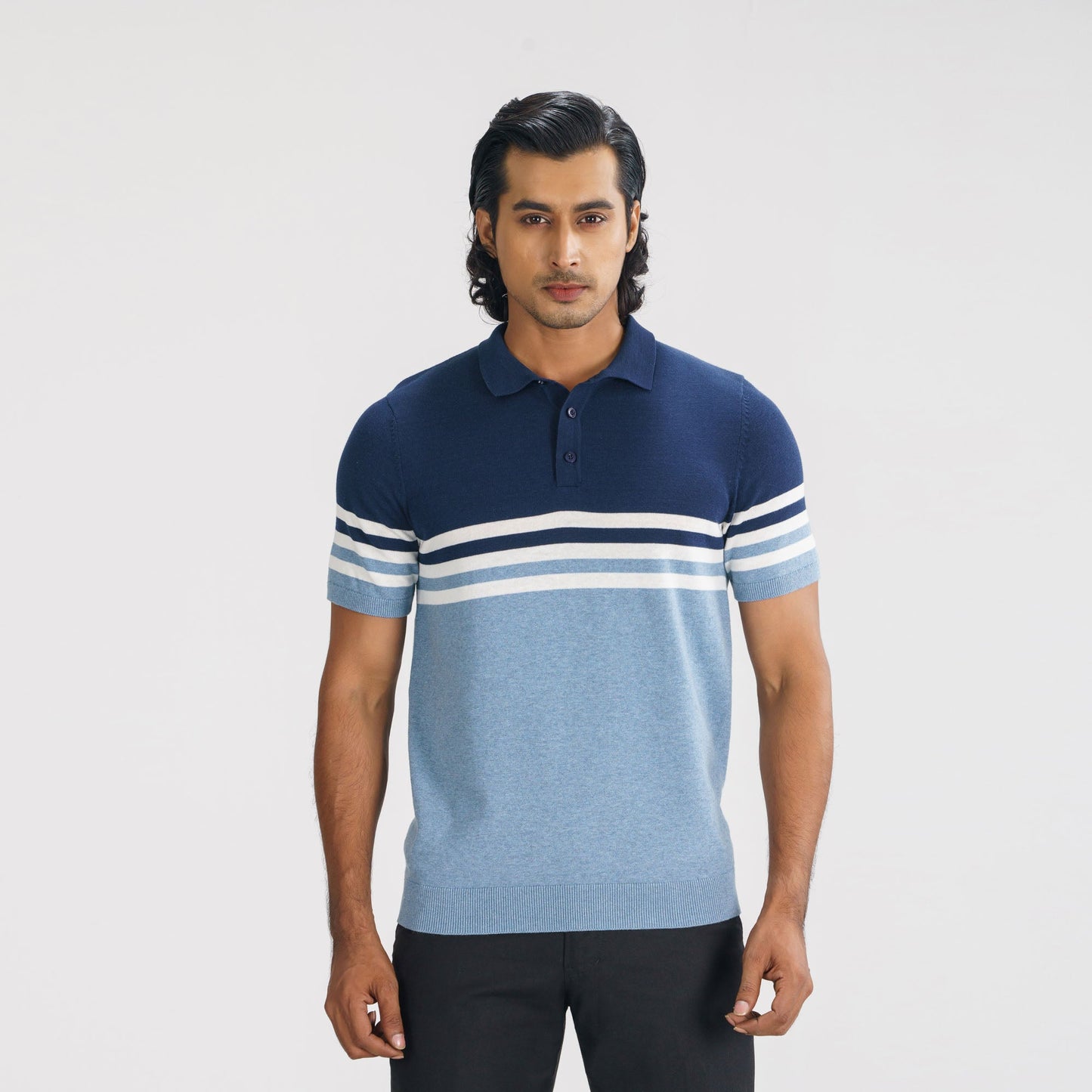Mens Navy & Light Blue Striped Polo Sweater