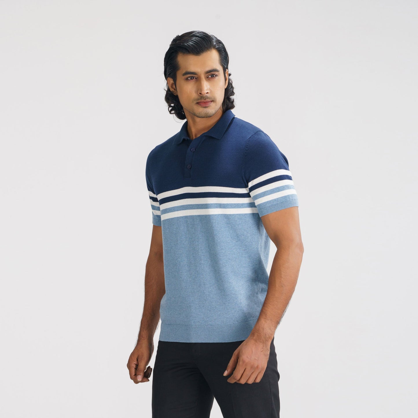 Mens Navy & Light Blue Striped Polo Sweater
