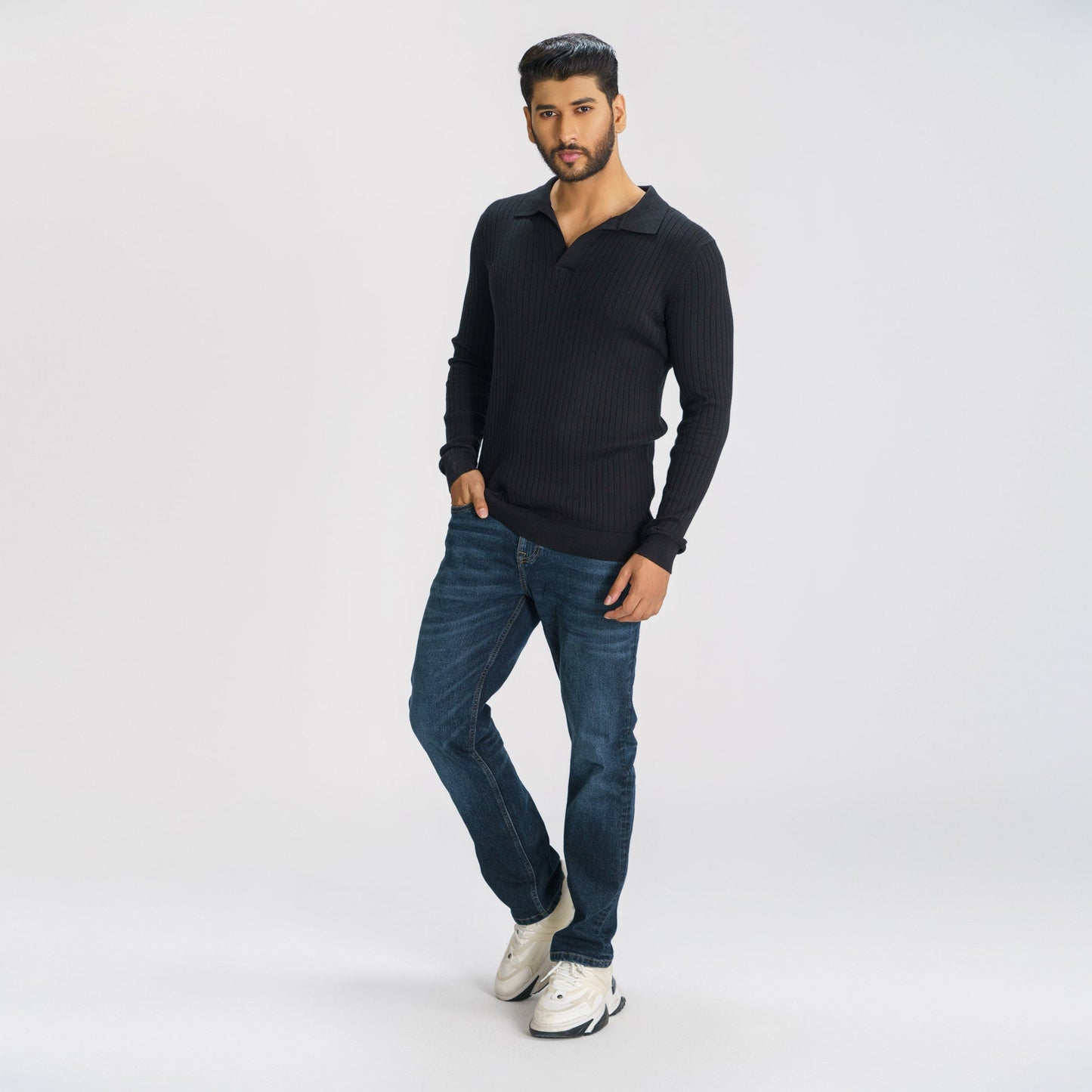 Mens Black Textured Polo Sweater