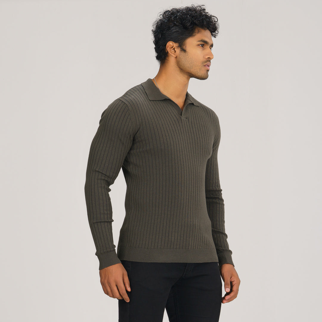 Mens Grey Textured Polo Sweater