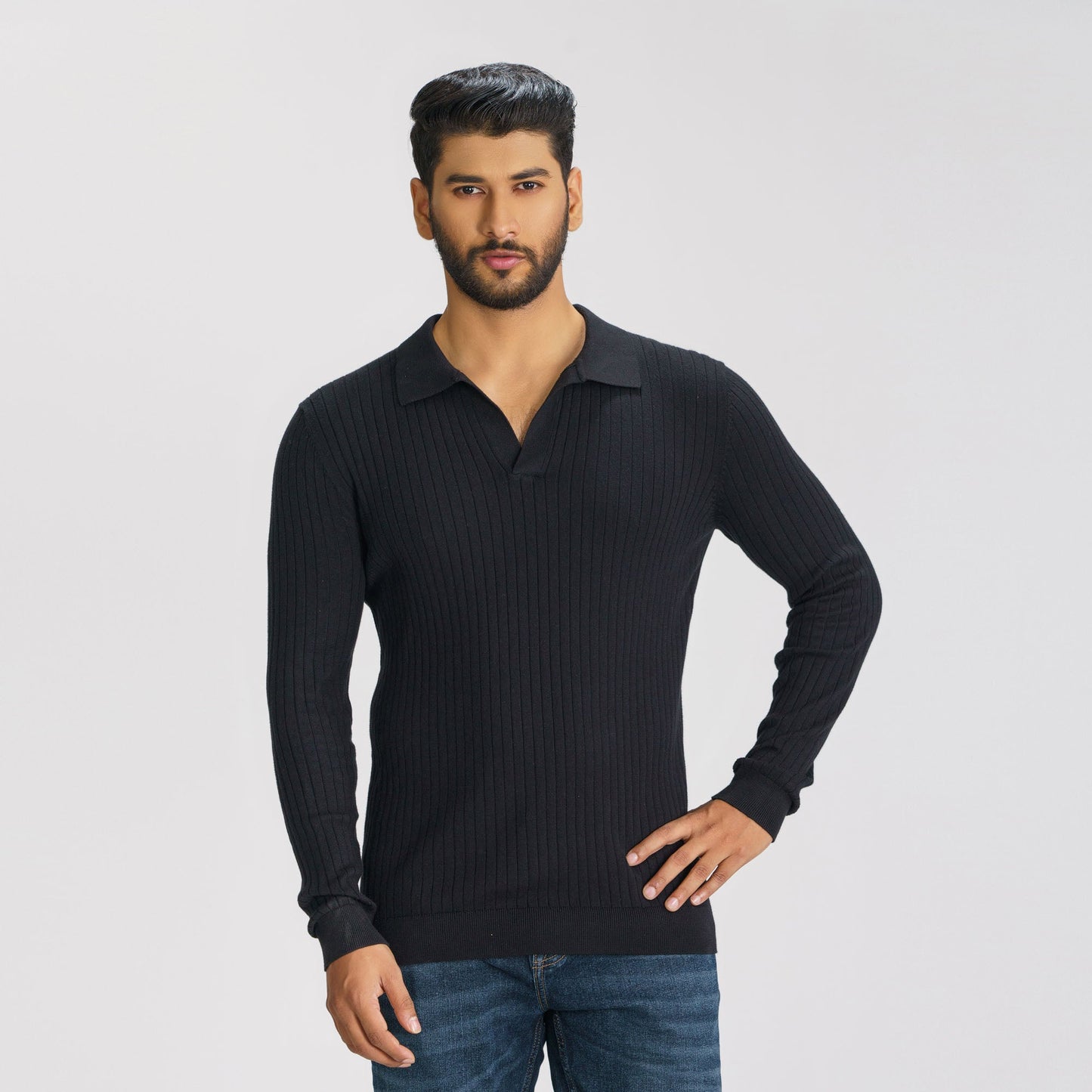 Mens Black Textured Polo Sweater