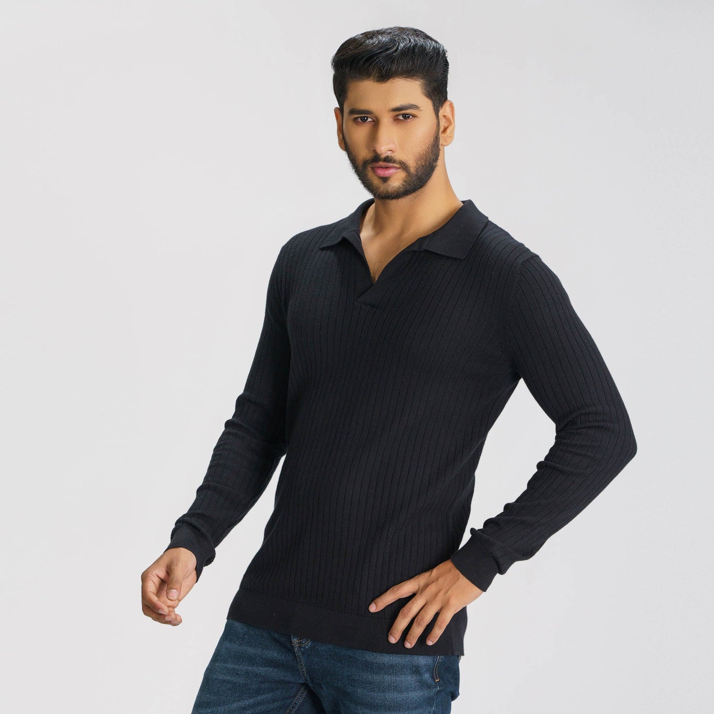 Mens Black Textured Polo Sweater