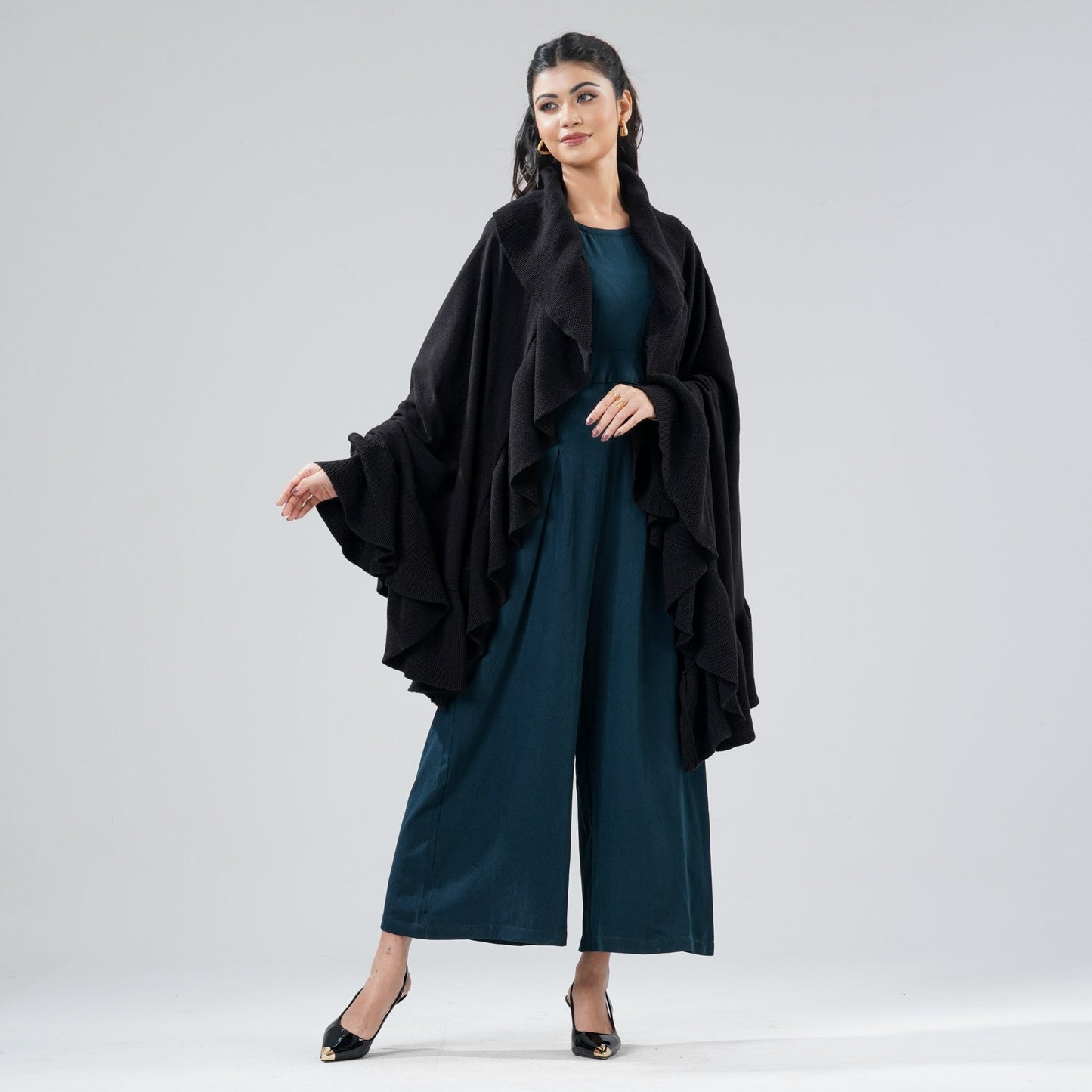 Womens Black Ruffle Shawl