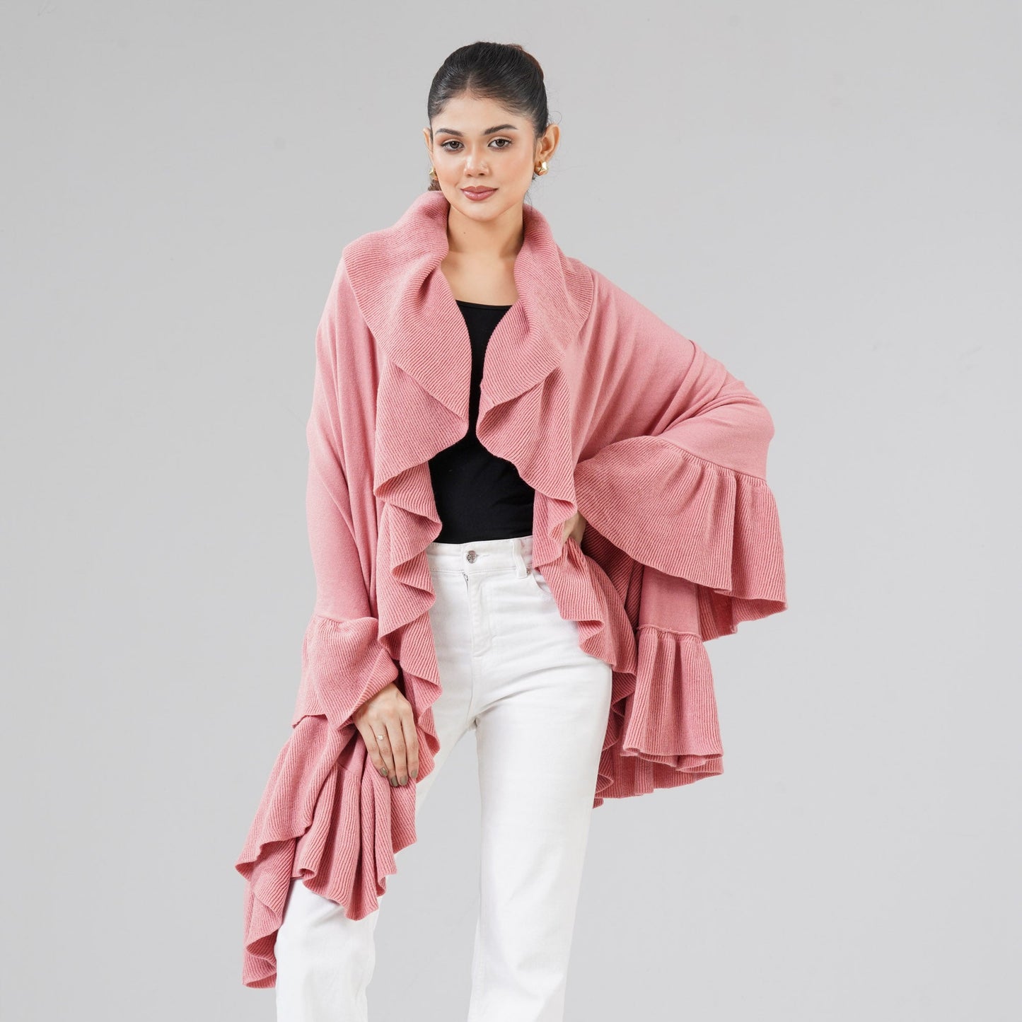 Womens Coral Pink Ruffle Shawl