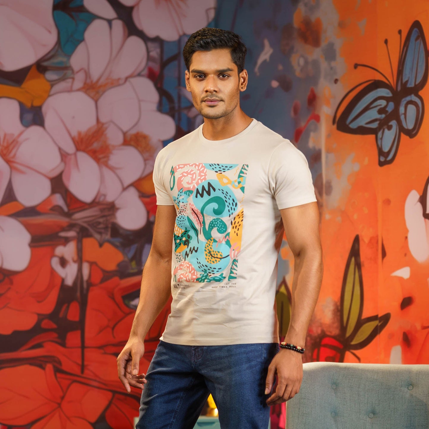 Men’s Beige Print T-Shirt