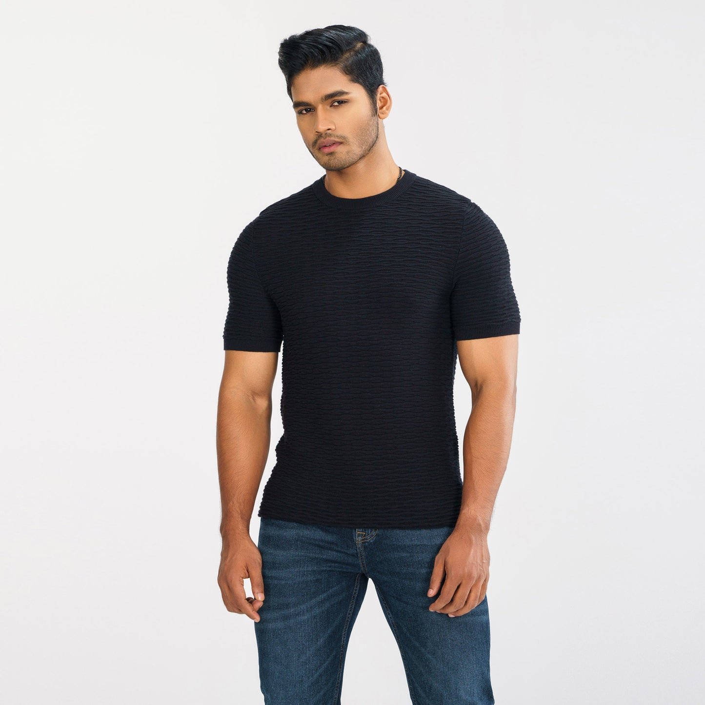 Mens Black Textured Sweater T-Shirt