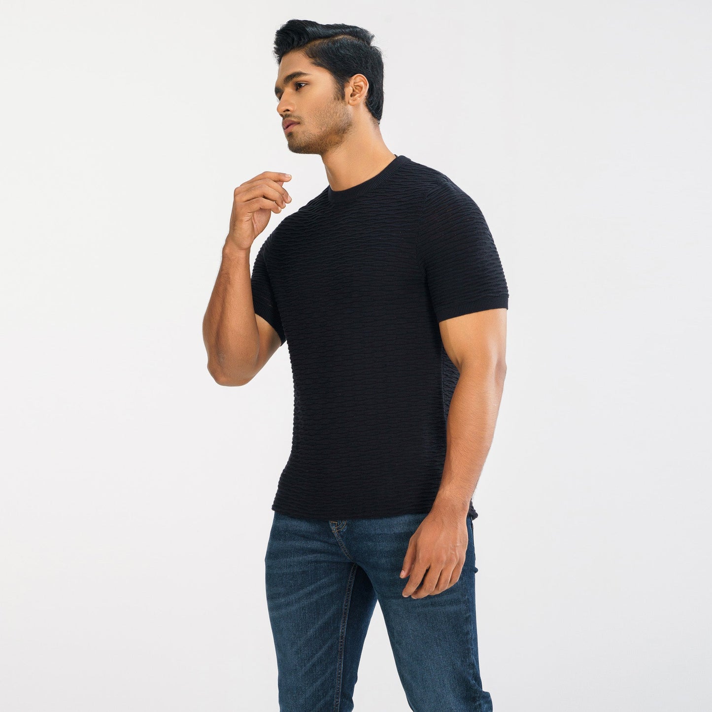 Mens Black Textured Sweater T-Shirt