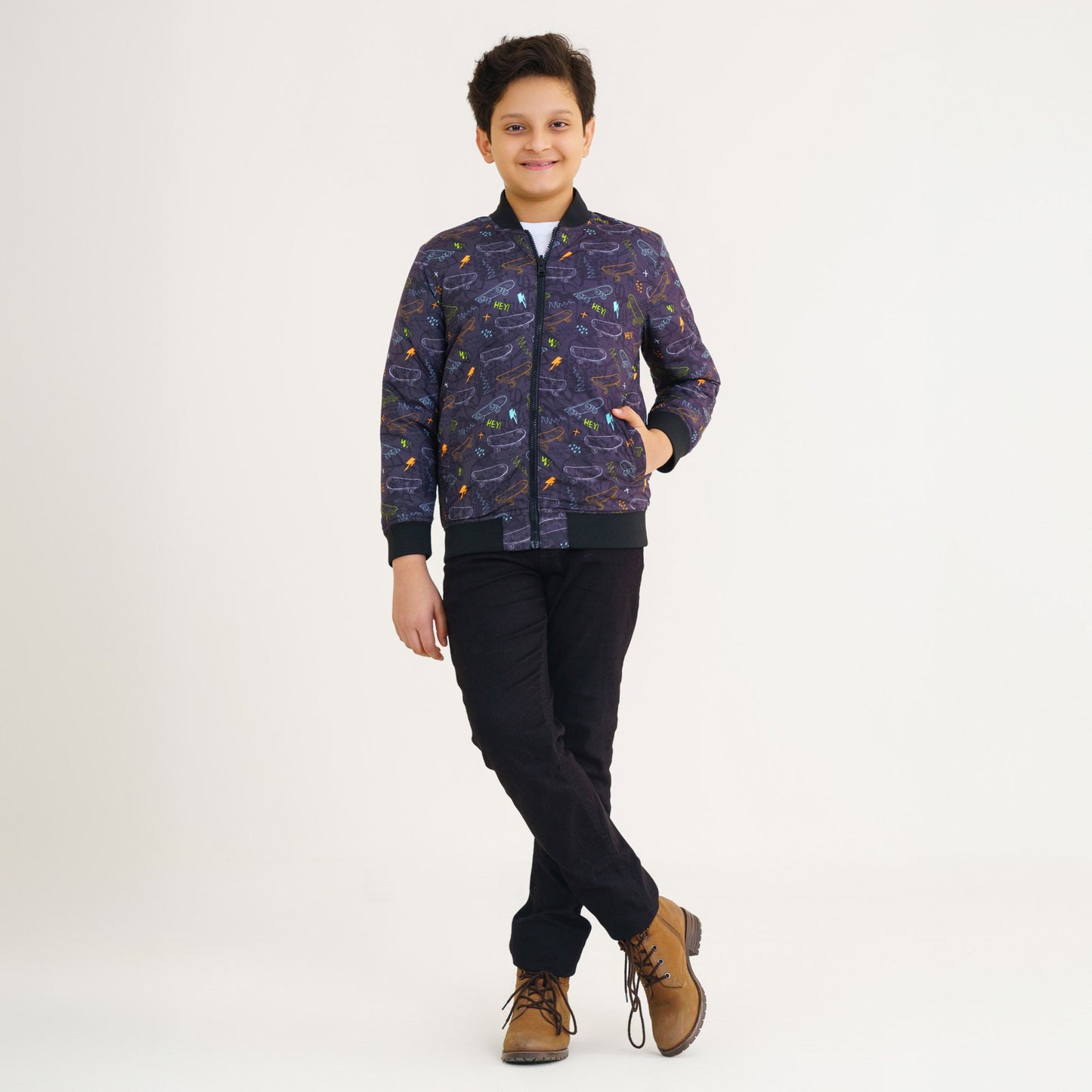 Boy's Black Printed Bomber Jacket