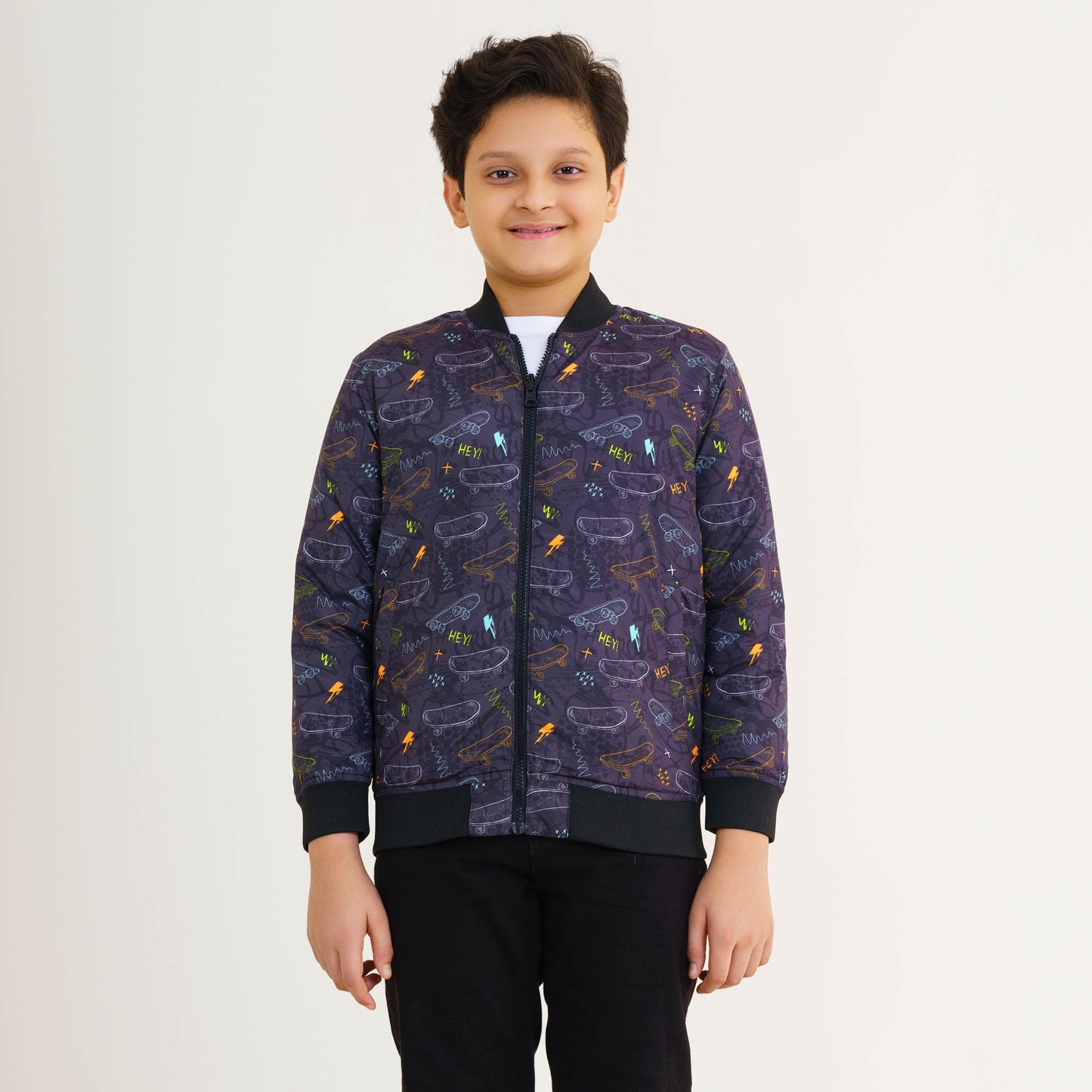 Boy's Black Printed Bomber Jacket