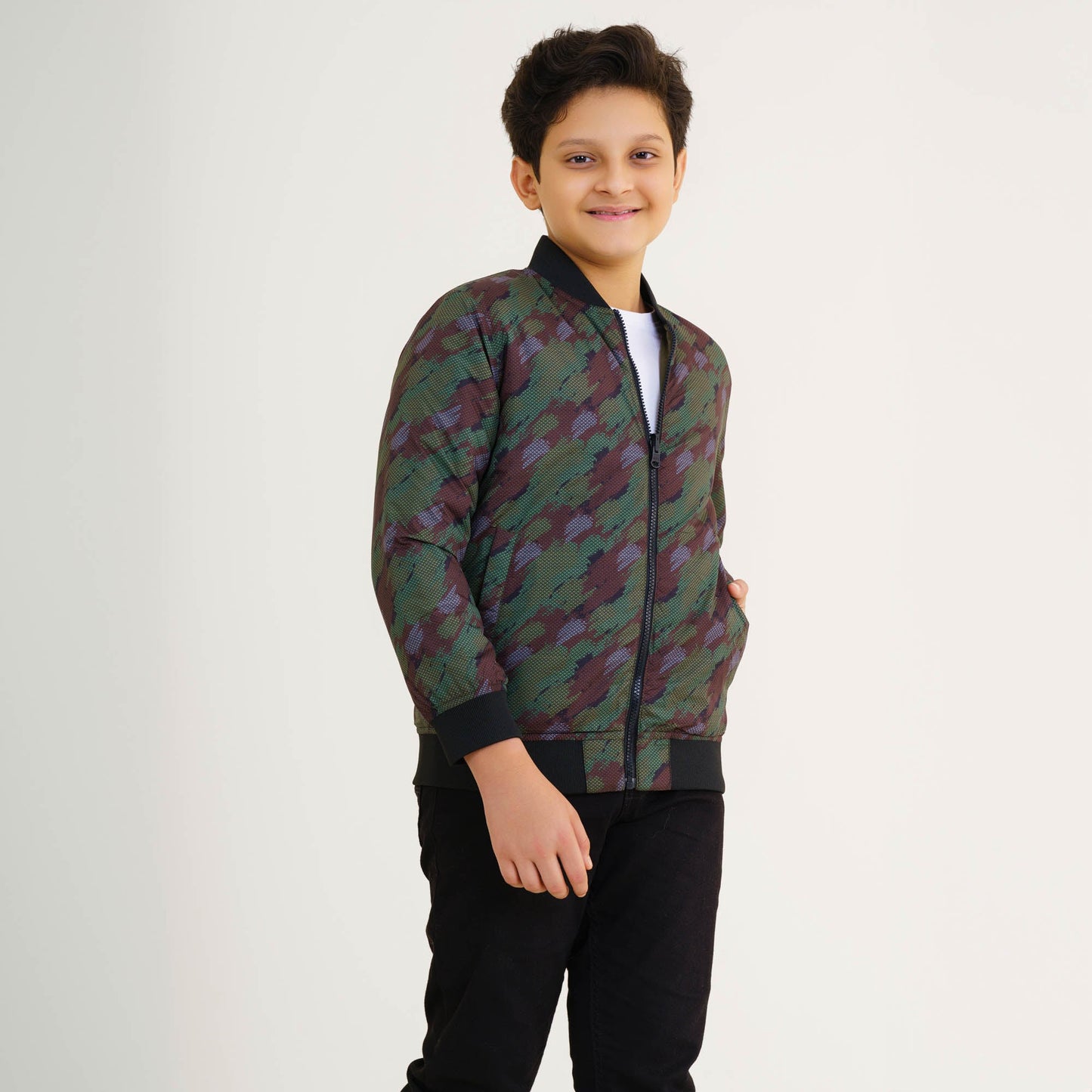 Boys Olive Printed Bomber Jacket