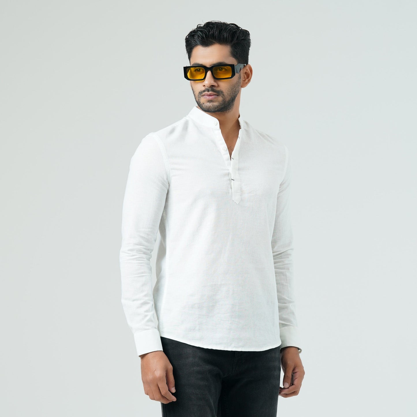 Mens White L/S Band Collar Shirt