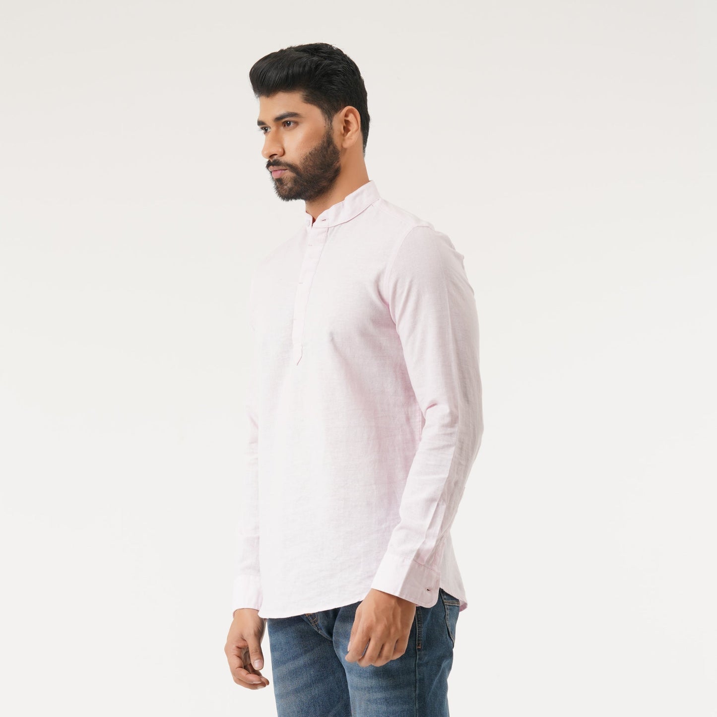 Mens L/S Baby Pink Band Collar Shirt