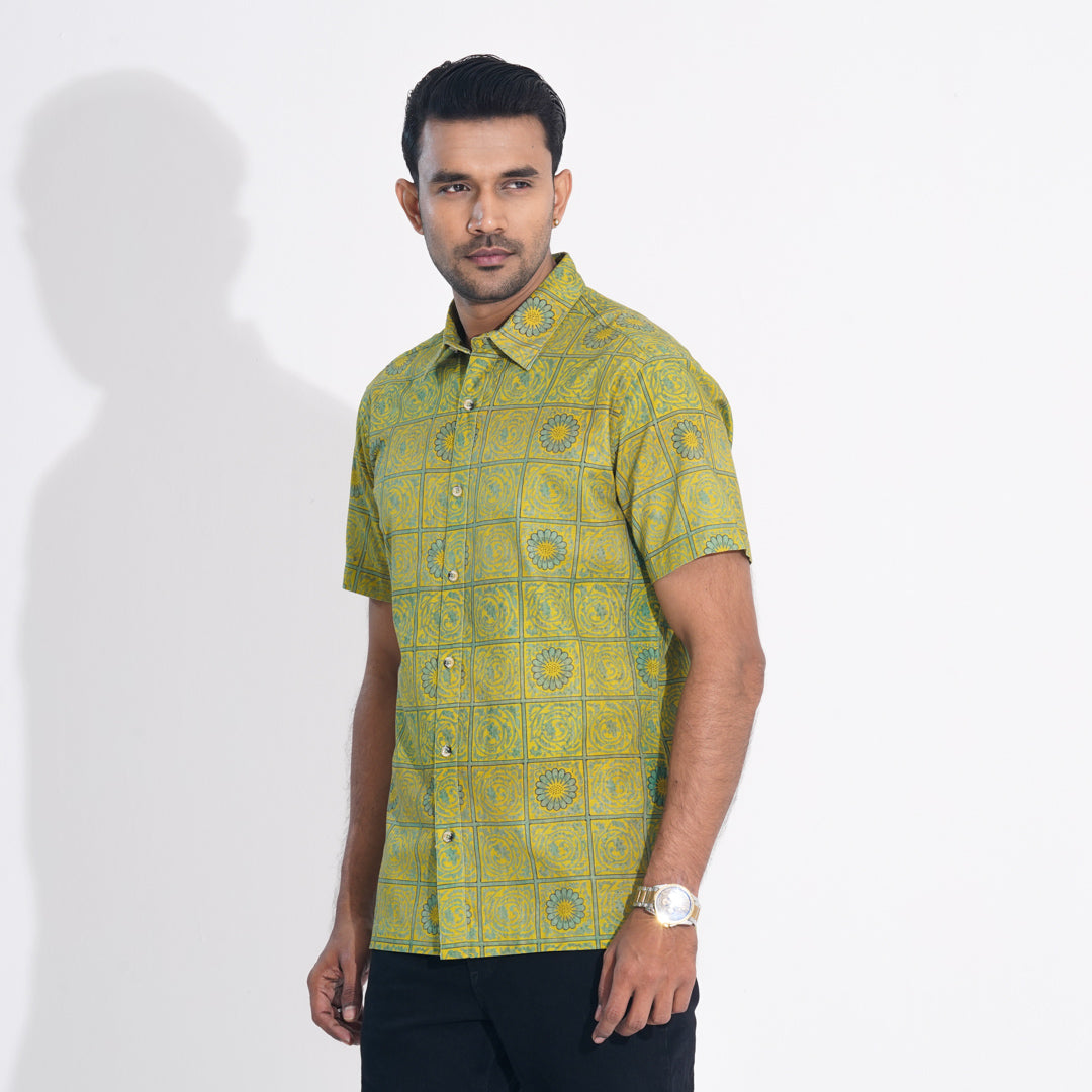 Mens Yellow Printed Cotton Shirt