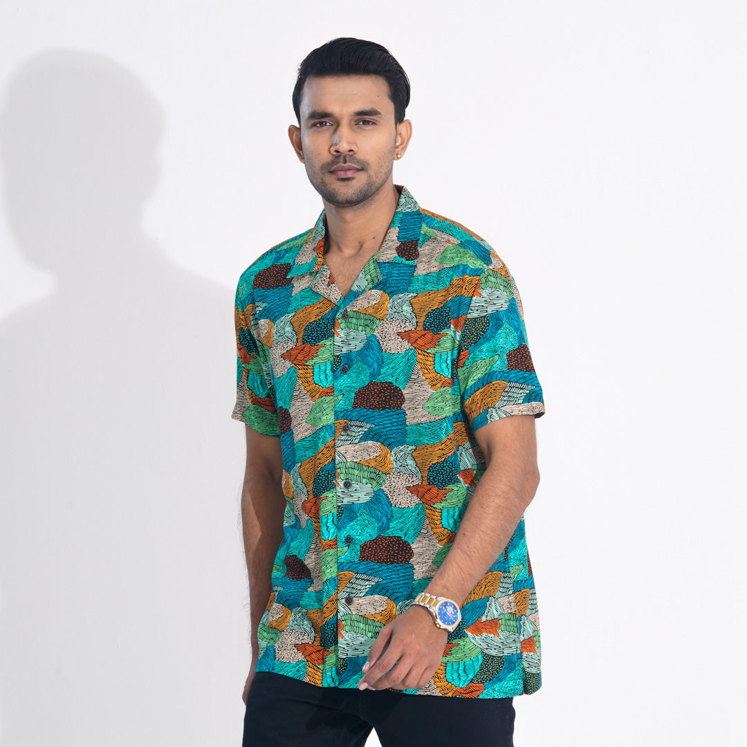 Mens Green AOP Lapel Shirt