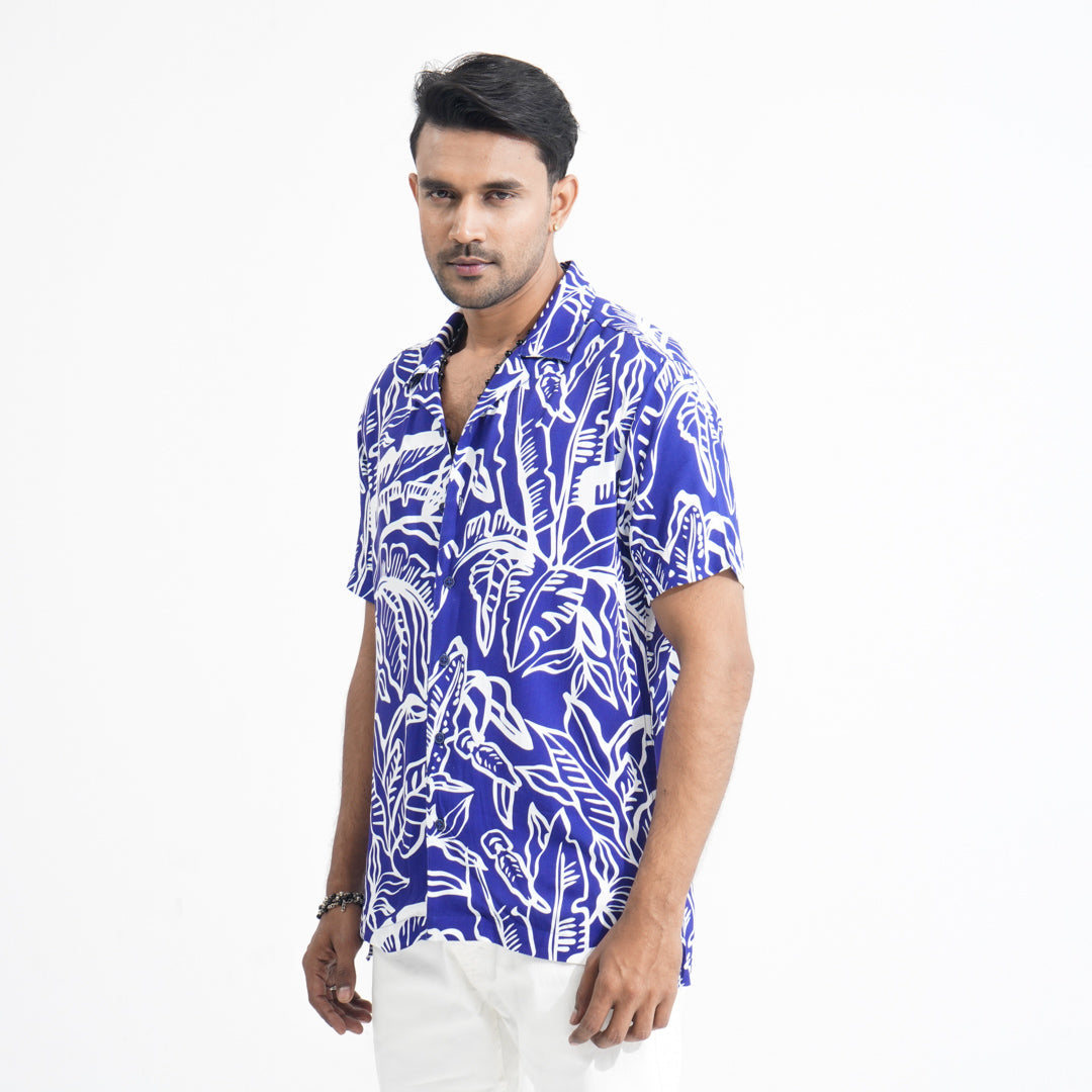 Men Royal Blue AOP Lapel Shirt