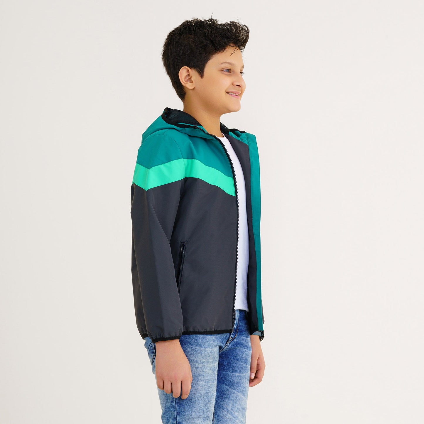 Boy's Gray & Green Hooded Windbreaker