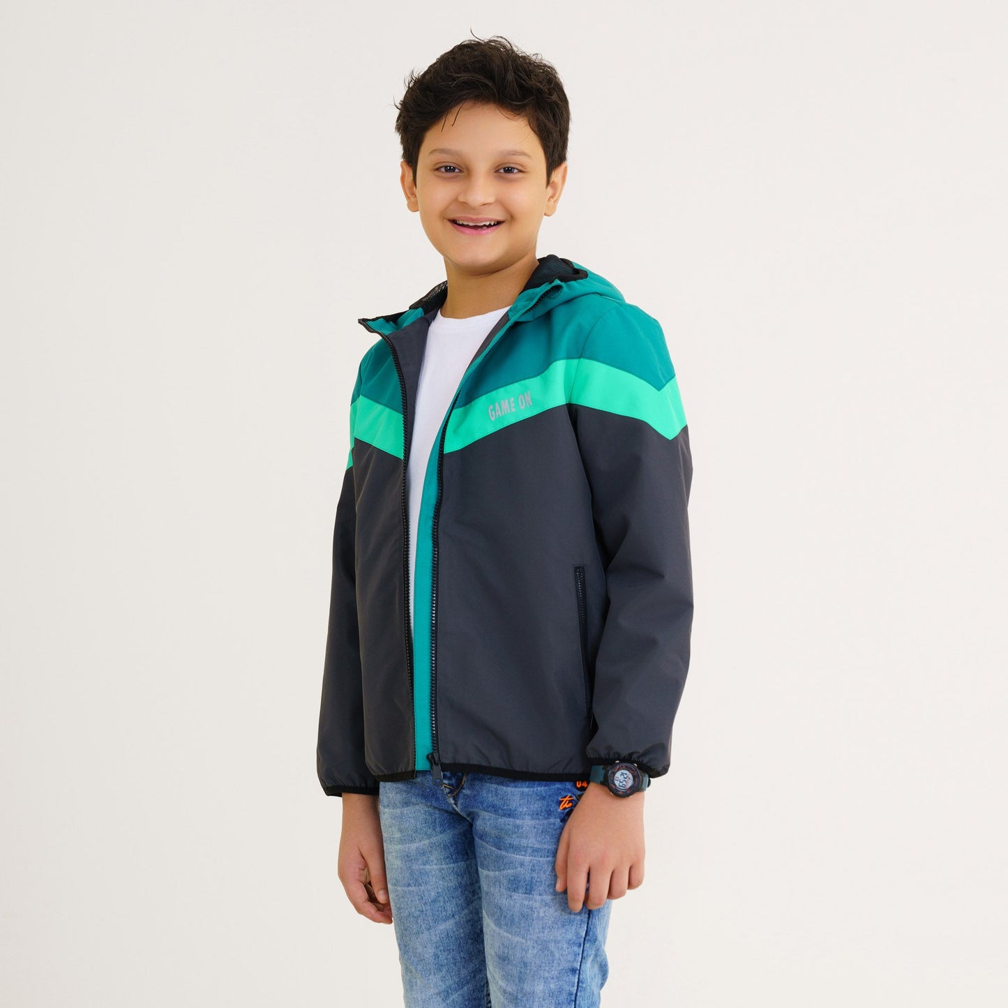 Boy's Gray & Green Hooded Windbreaker