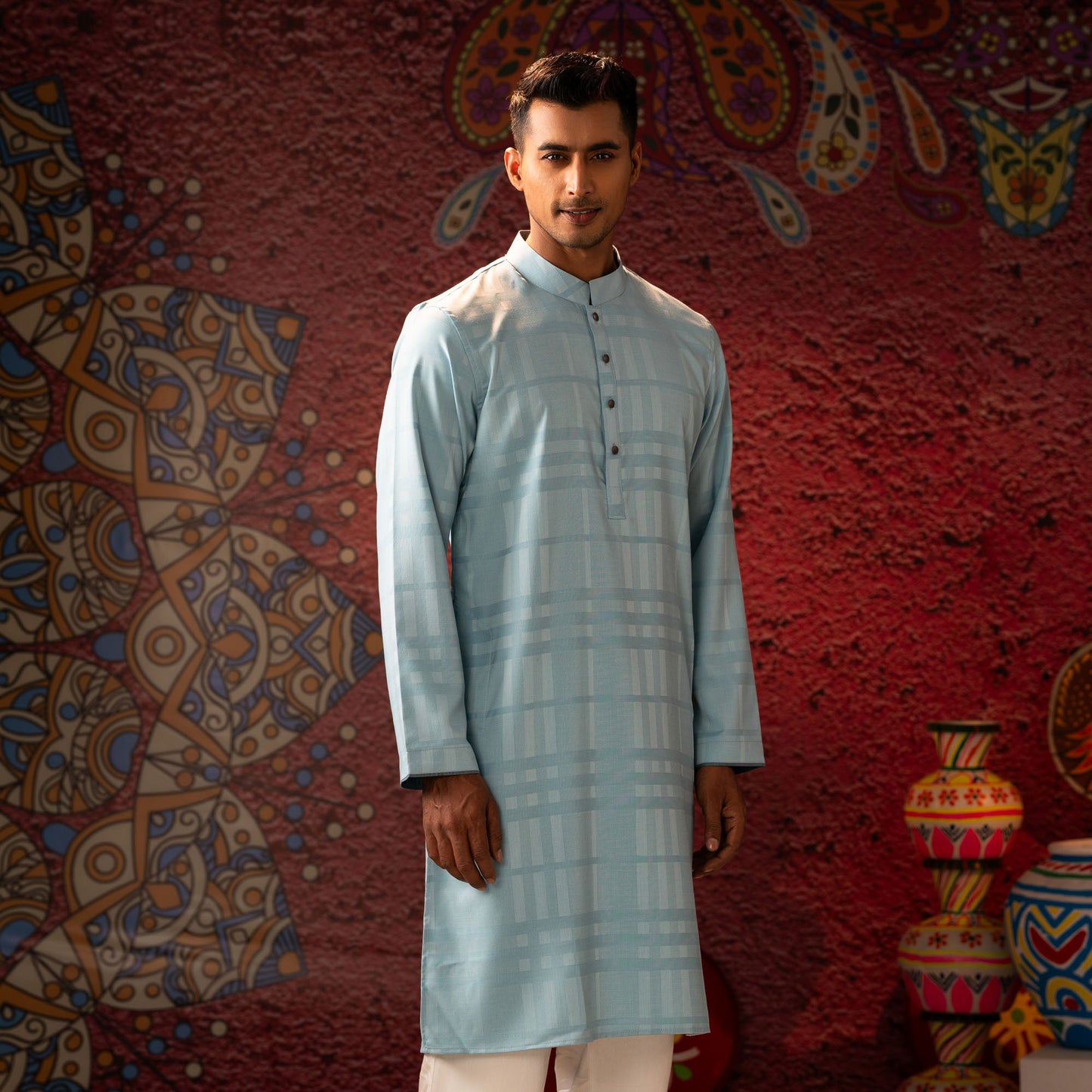 Mens Grey Blue Basic Panjabi