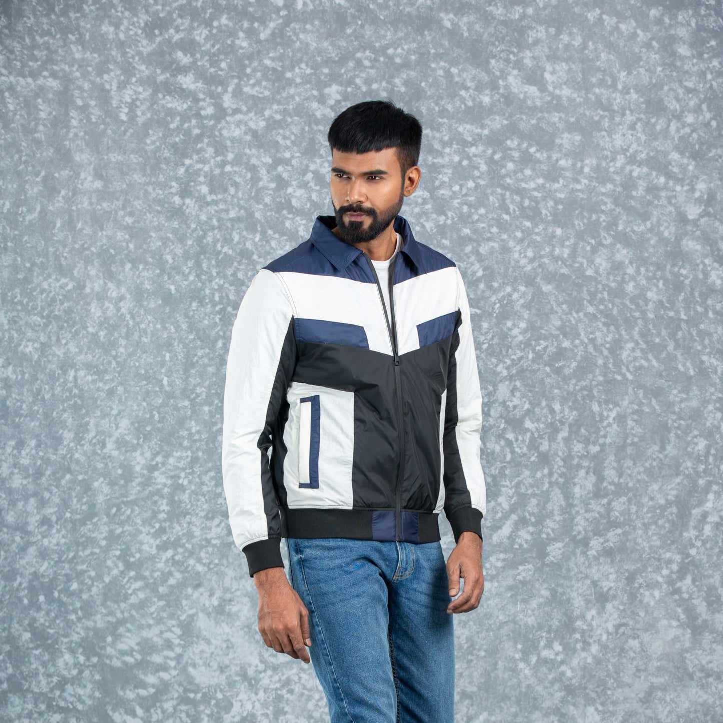 MENS BOMBER JACKET- NAVY/WHITE/BLACK