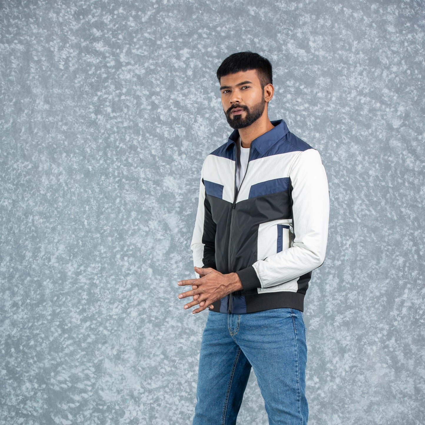 MENS BOMBER JACKET- NAVY/WHITE/BLACK