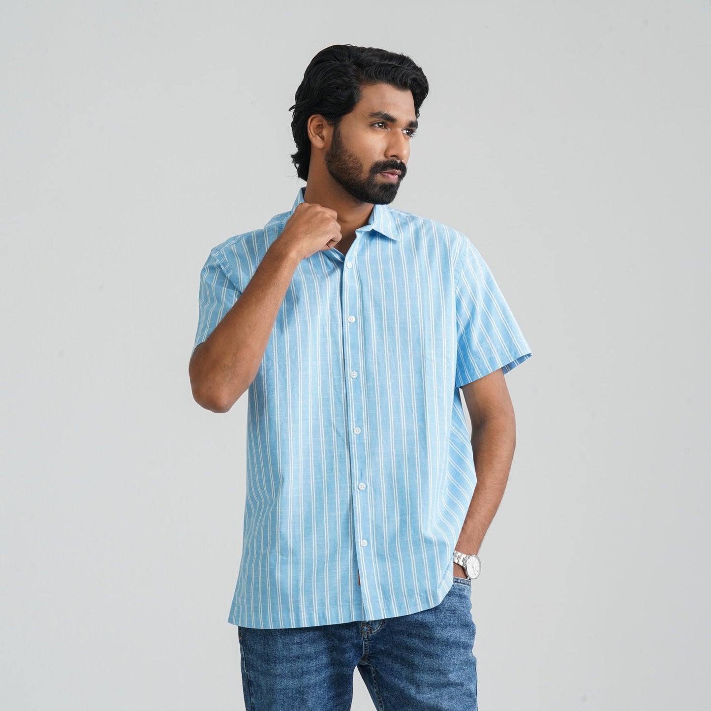 Men Sky & White Cotton Shirt