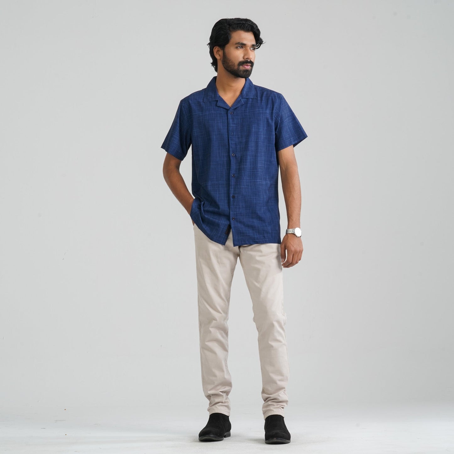 Men Navy Check Poly-Cotton Shirt