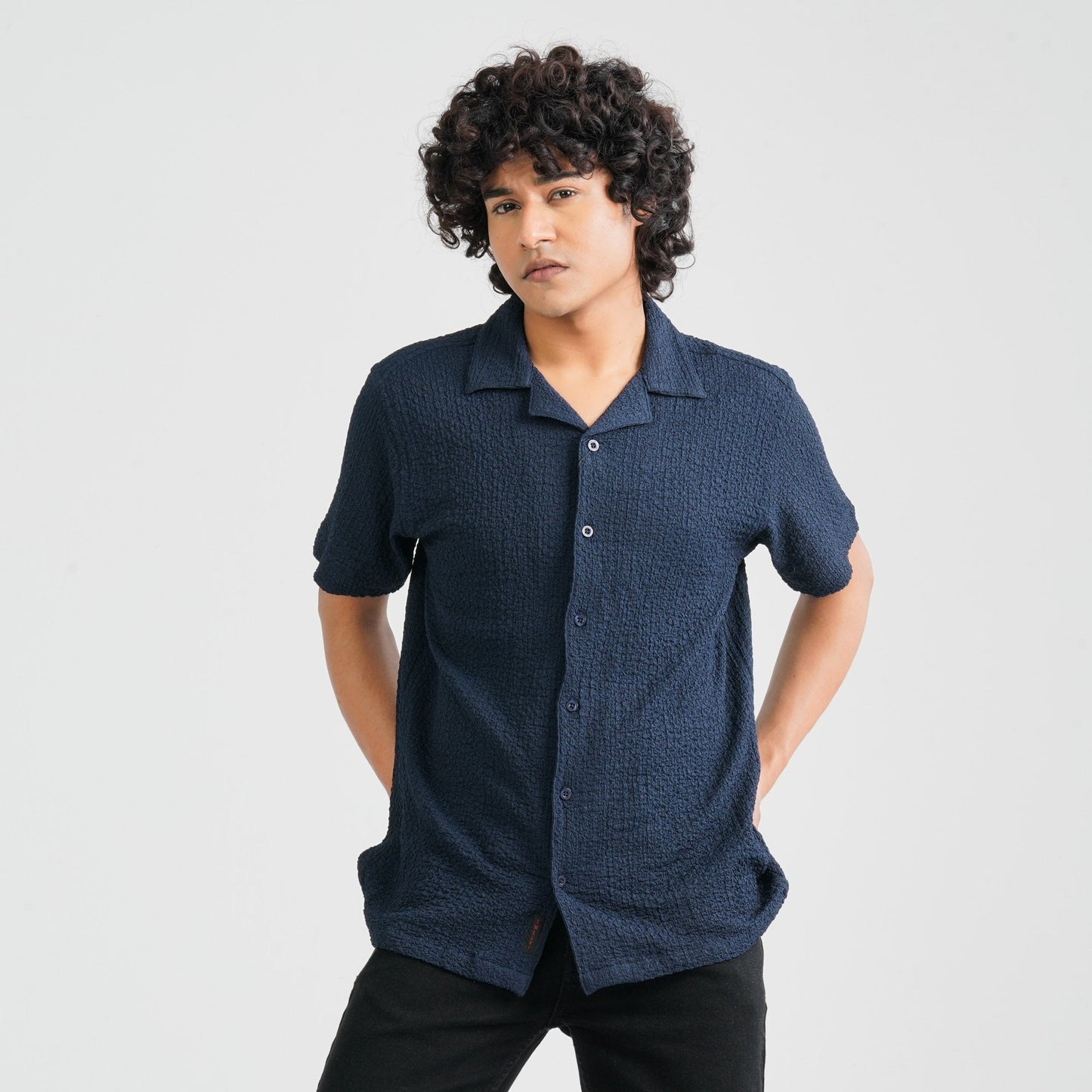 Men Navy Poly-Cotton Shirt