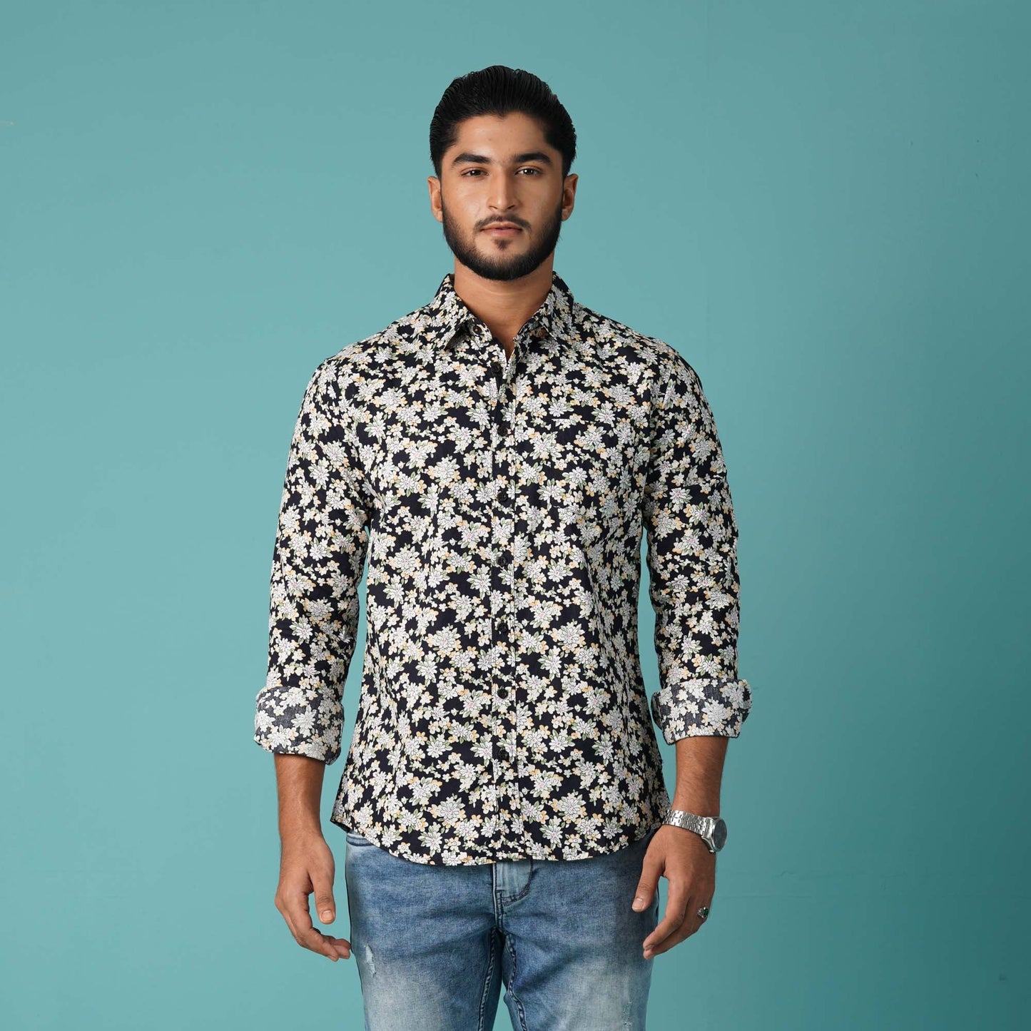 Mens Navy & Yellow L/S Shirt