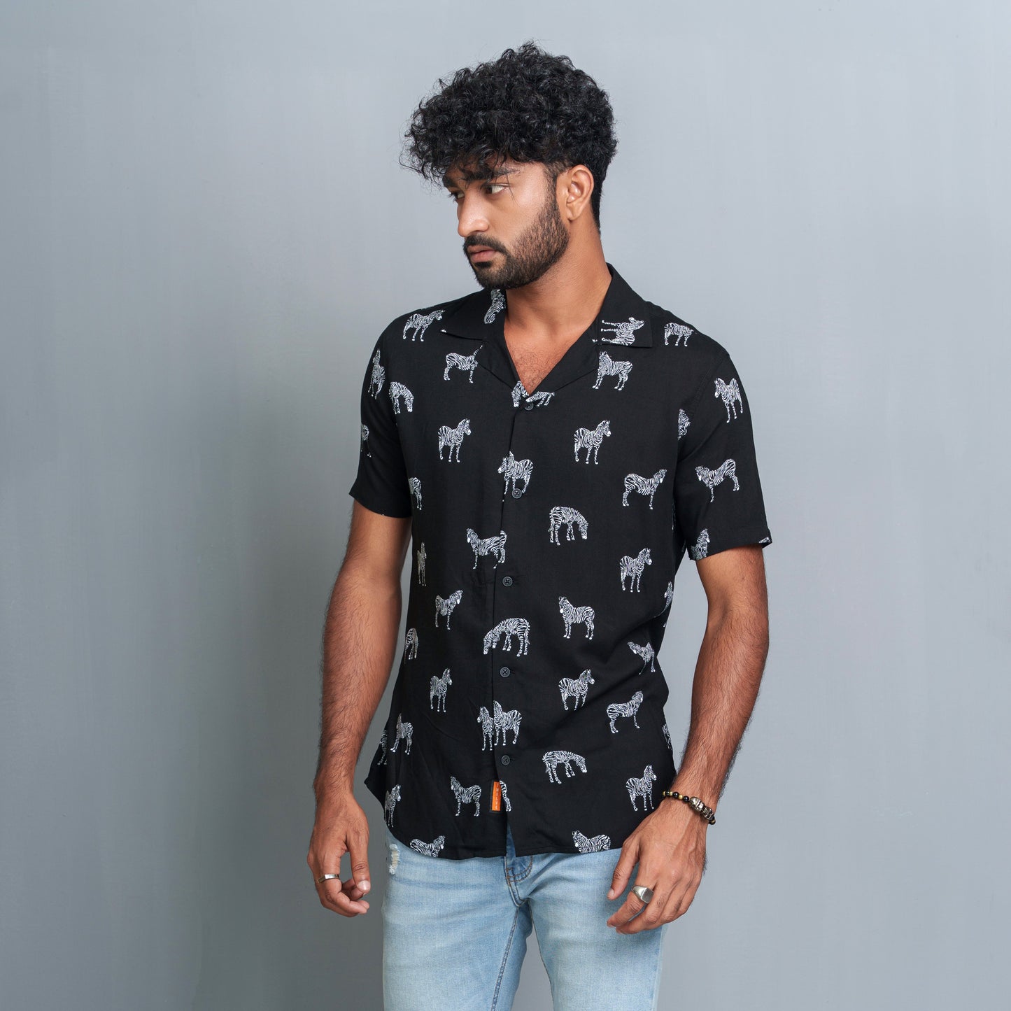 Men's Black-White Cuban Collar Shirt