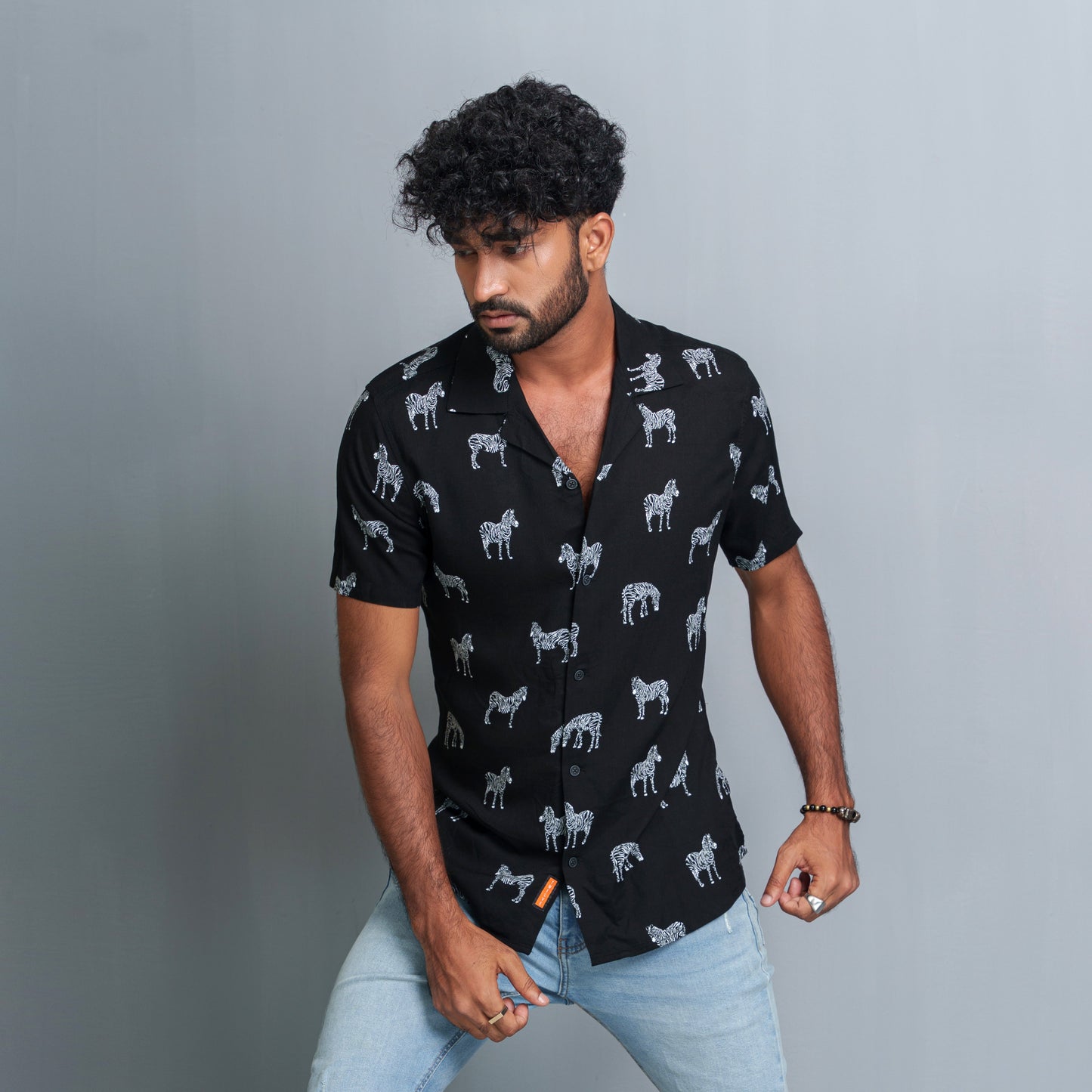 Men's Black-White Cuban Collar Shirt