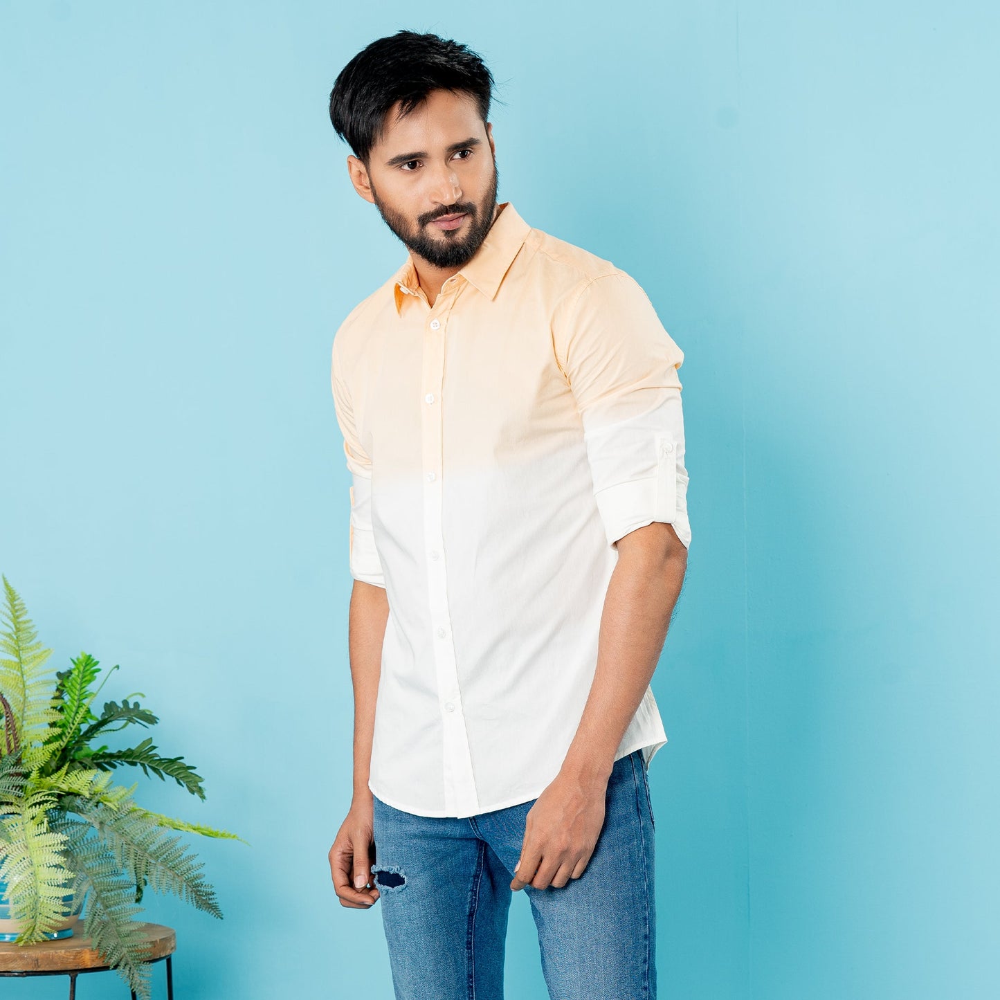 Mens Casual Shirt- Orange/White