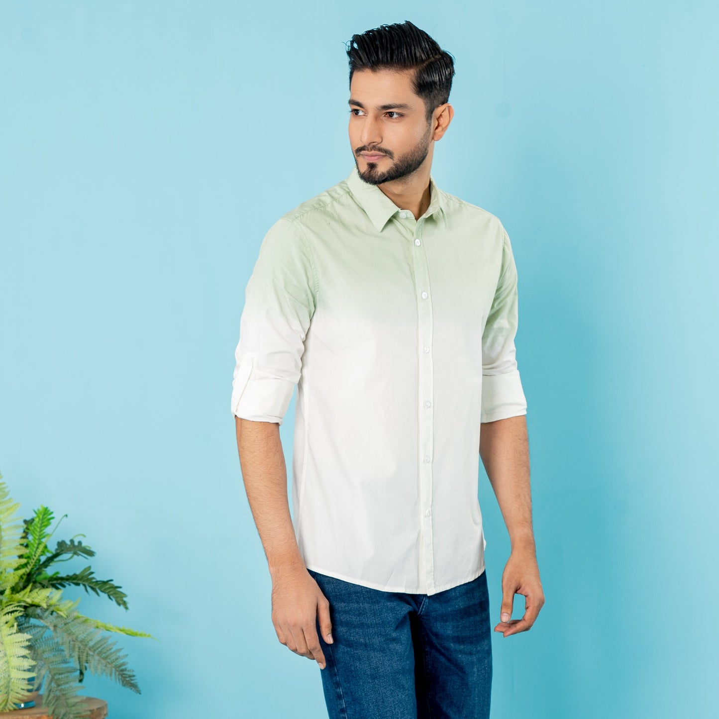 Mens Casual Shirt- Olive/White