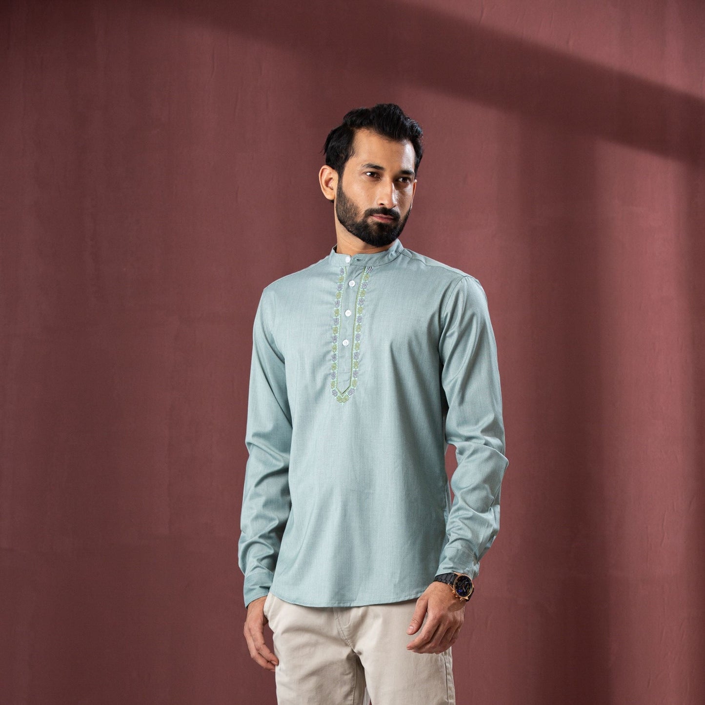 Mens Palace-Green Band Collar Shirt