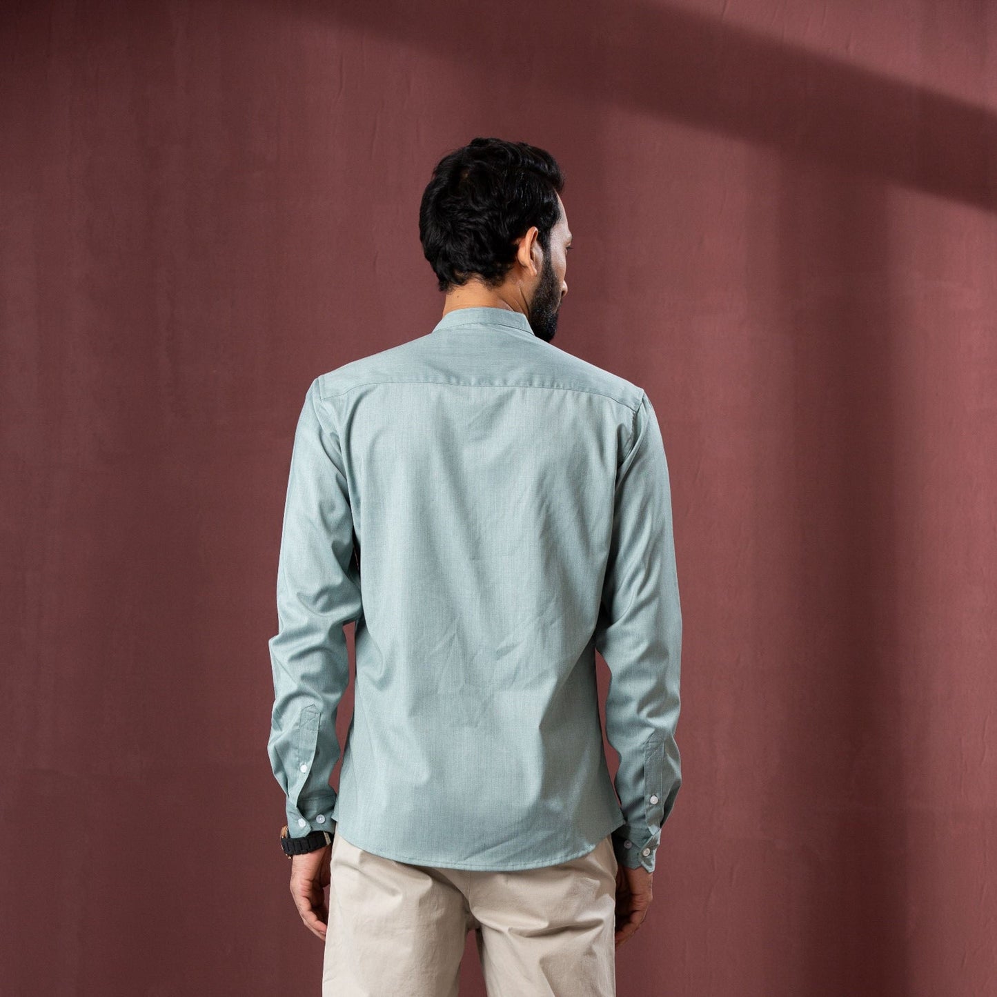 Men's Palace-Green Band Collar Shirt