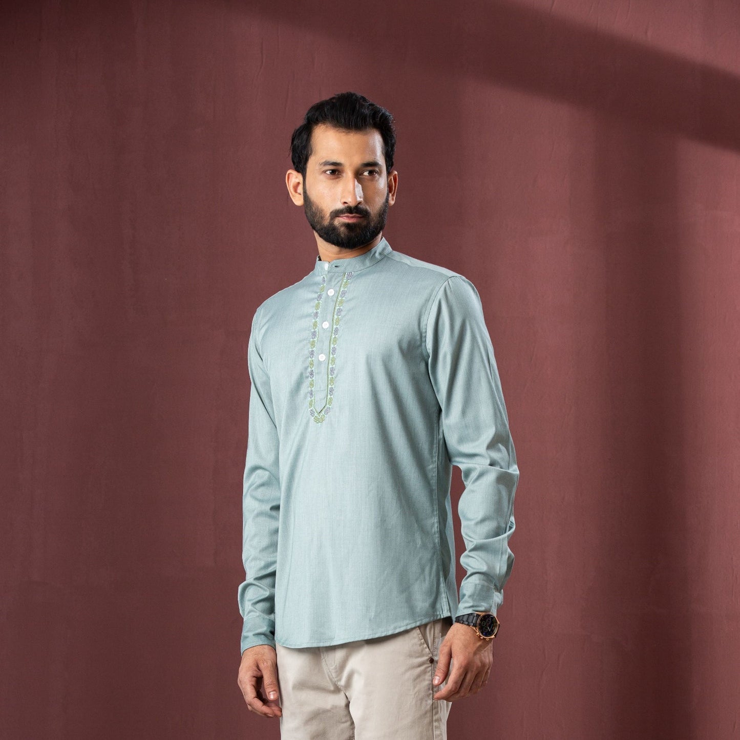 Men's Palace-Green Band Collar Shirt